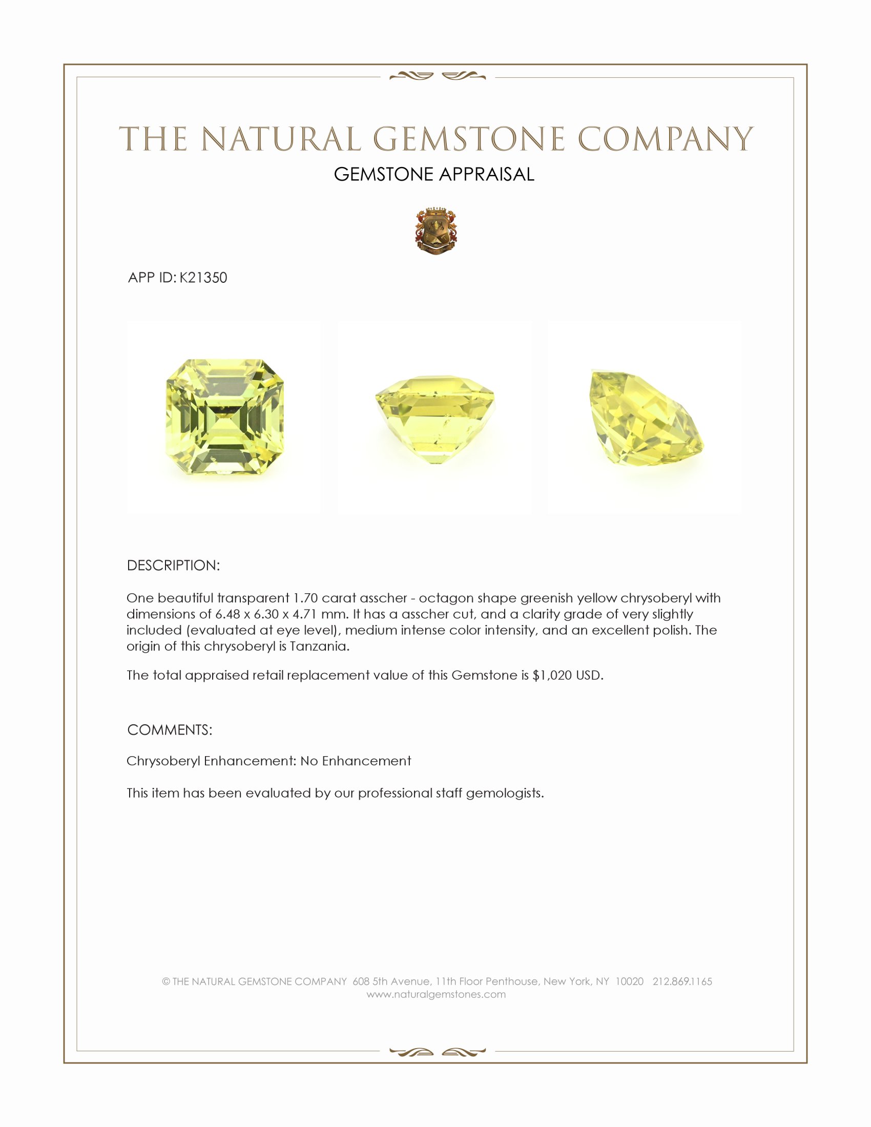 1.70 Ct. Chrysoberyl from Tanzania