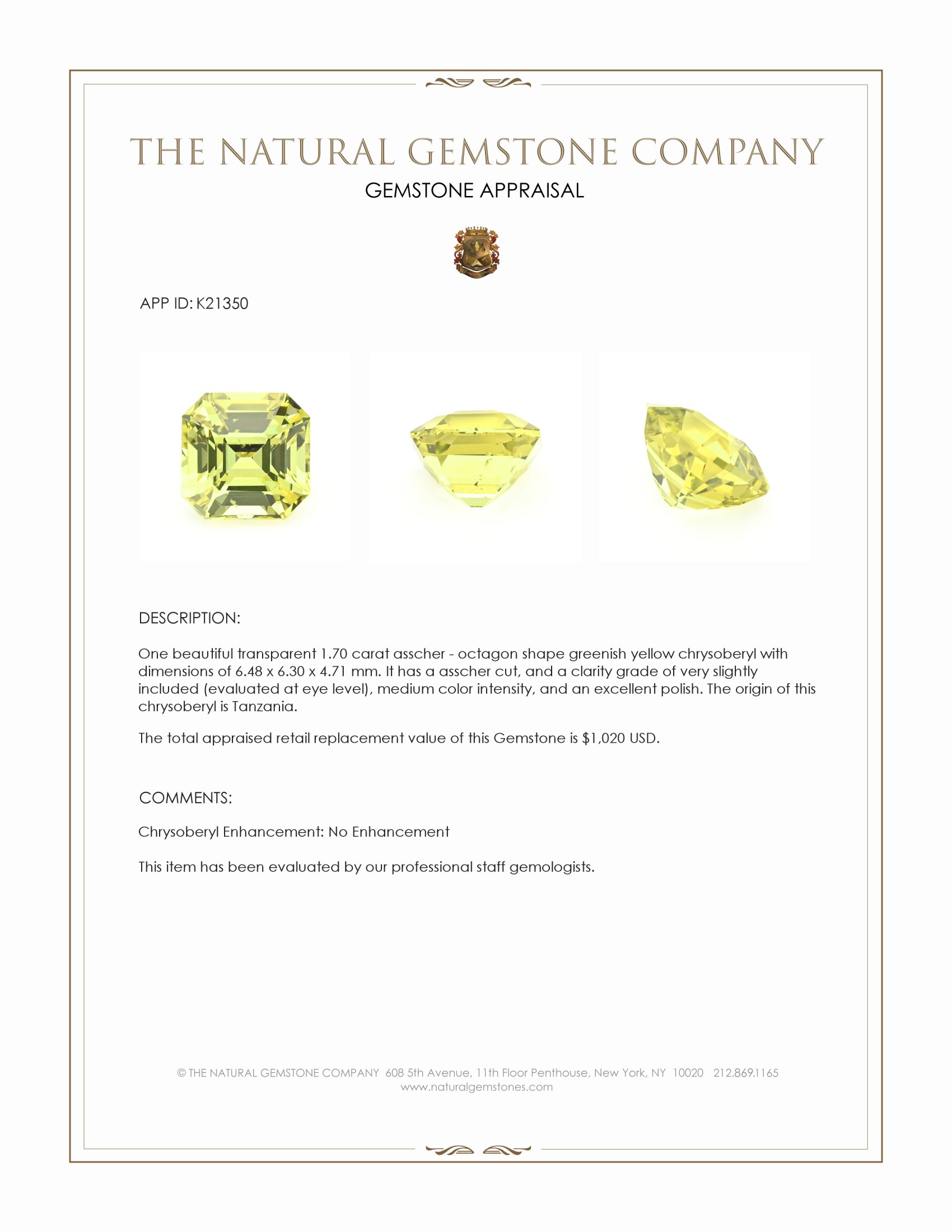 1.70 Ct. Chrysoberyl from Tanzania