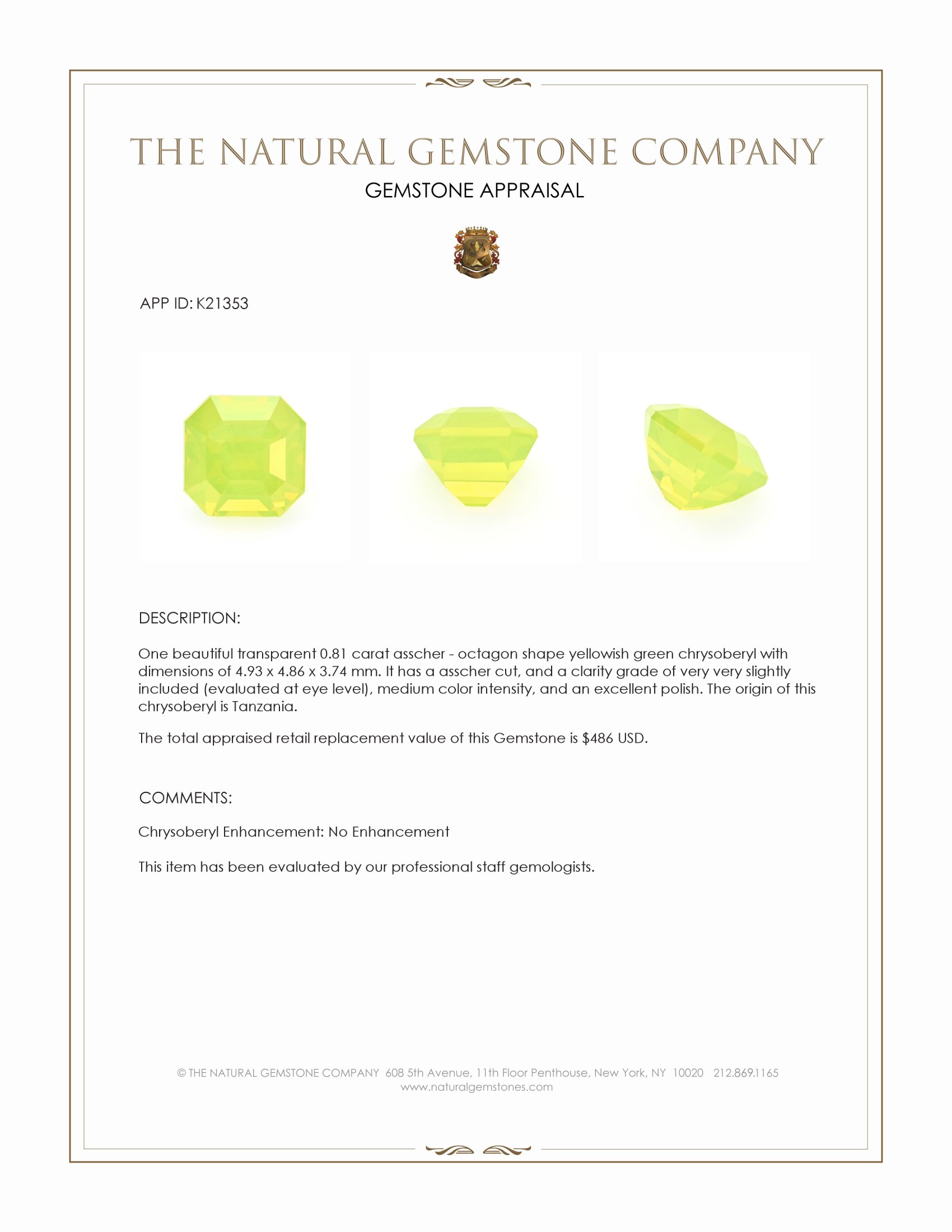 0.81 Ct. Yellowish Green Chrysoberyl from Tanzania