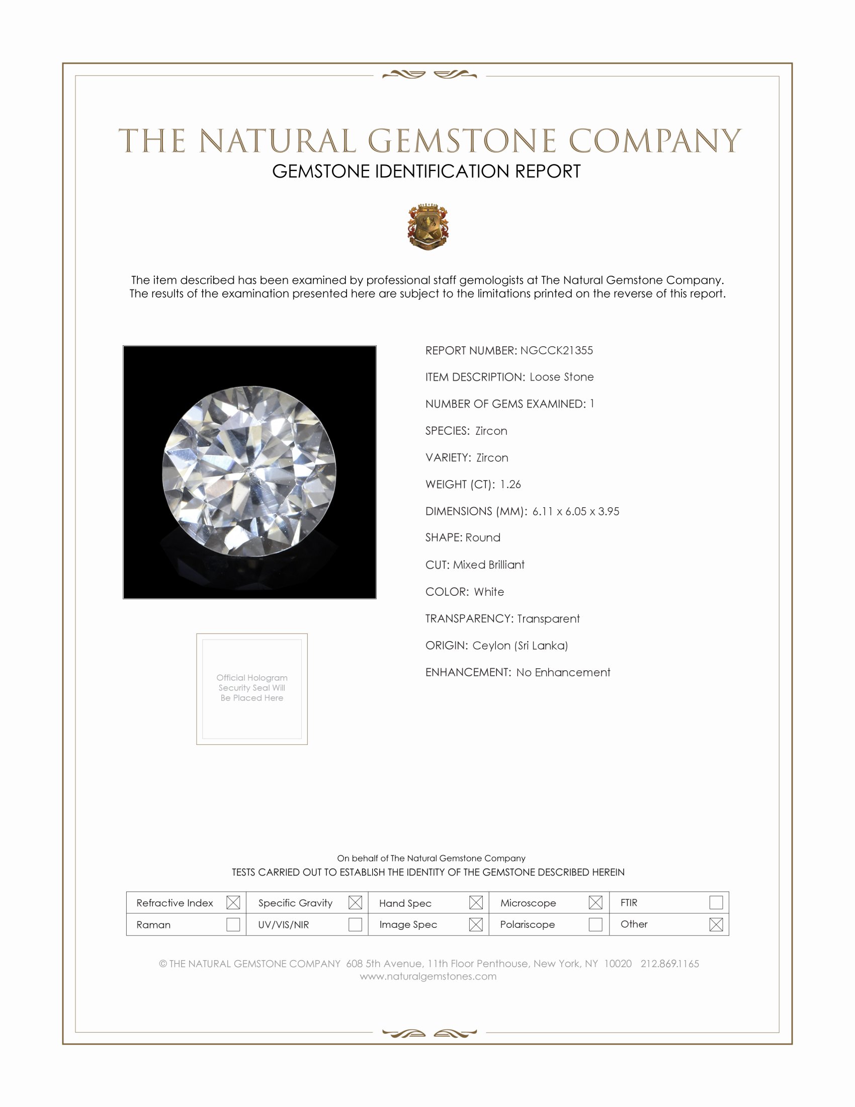 1.26 Ct. White Zircon from Ceylon (Sri Lanka)