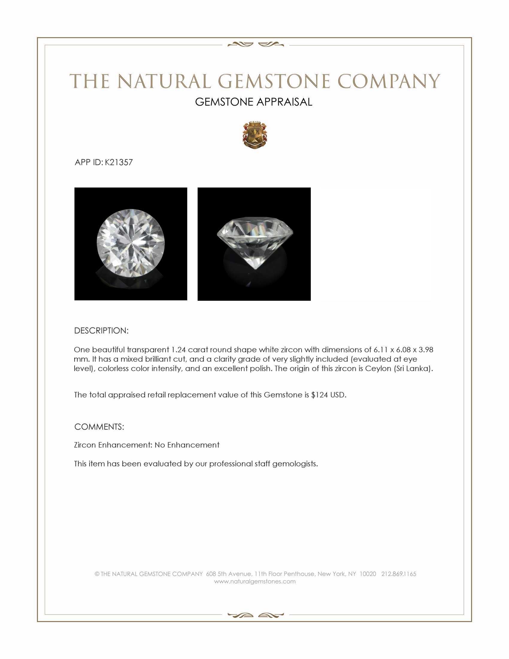 1.24 Ct. White Zircon from Ceylon (Sri Lanka)