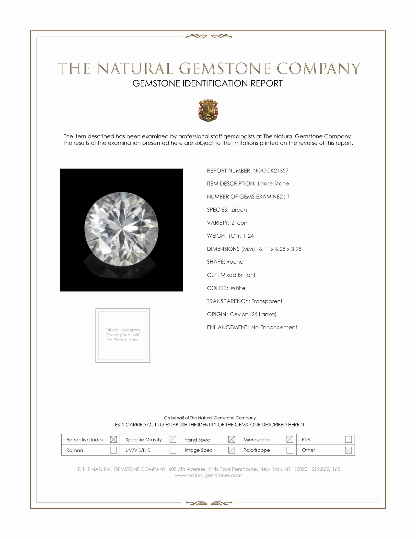 1.24 Ct. White Zircon from Ceylon (Sri Lanka)