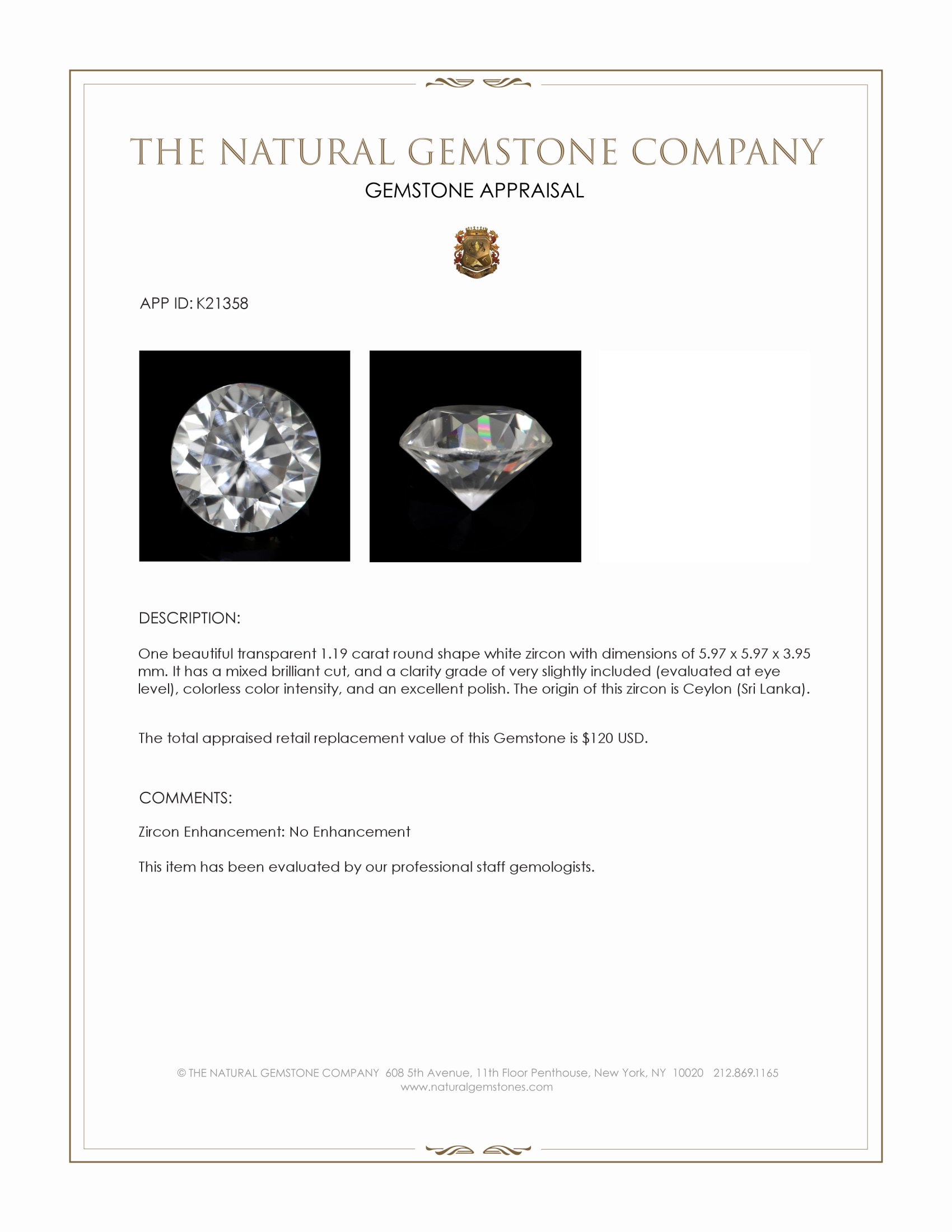 1.19 Ct. White Zircon from Ceylon (Sri Lanka)