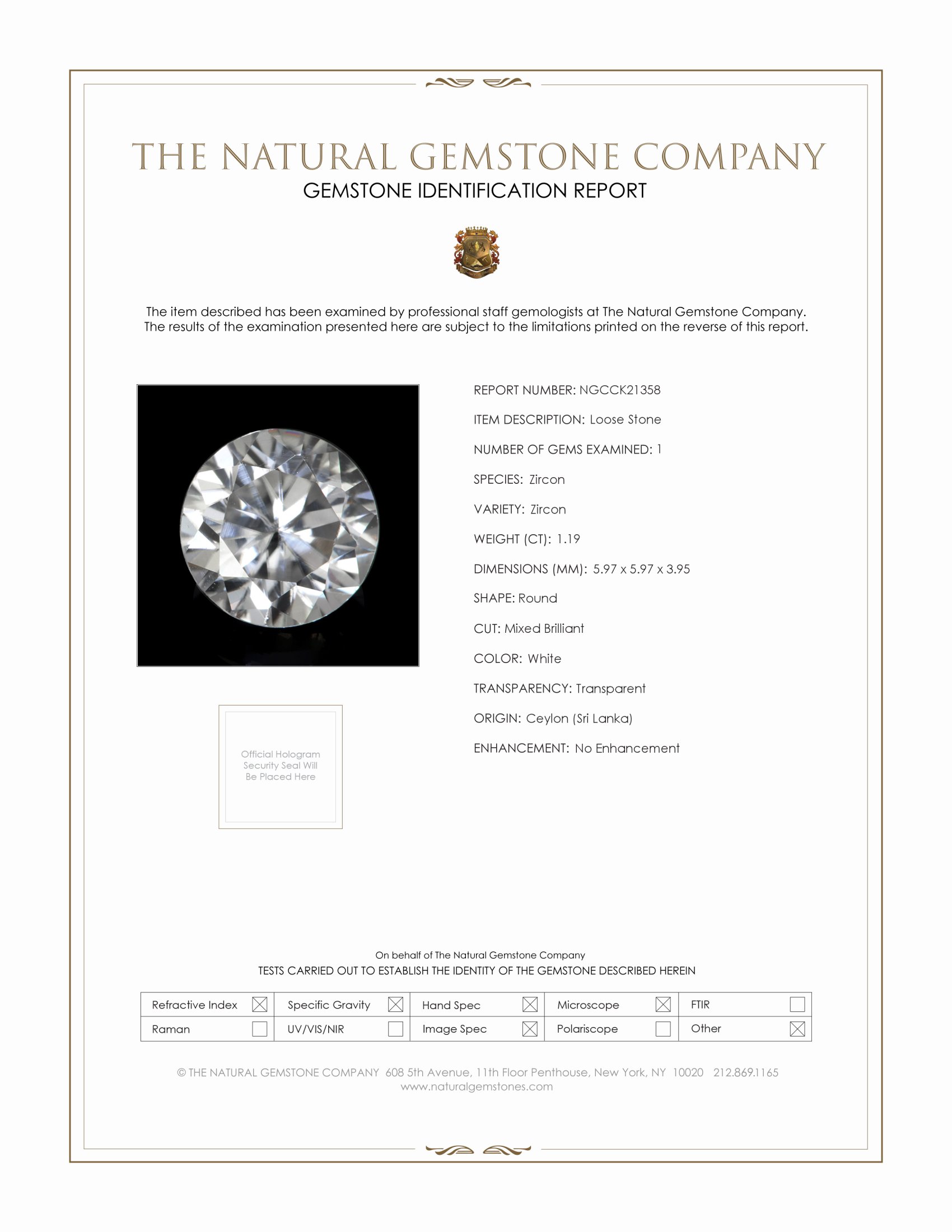 1.19 Ct. White Zircon from Ceylon (Sri Lanka)