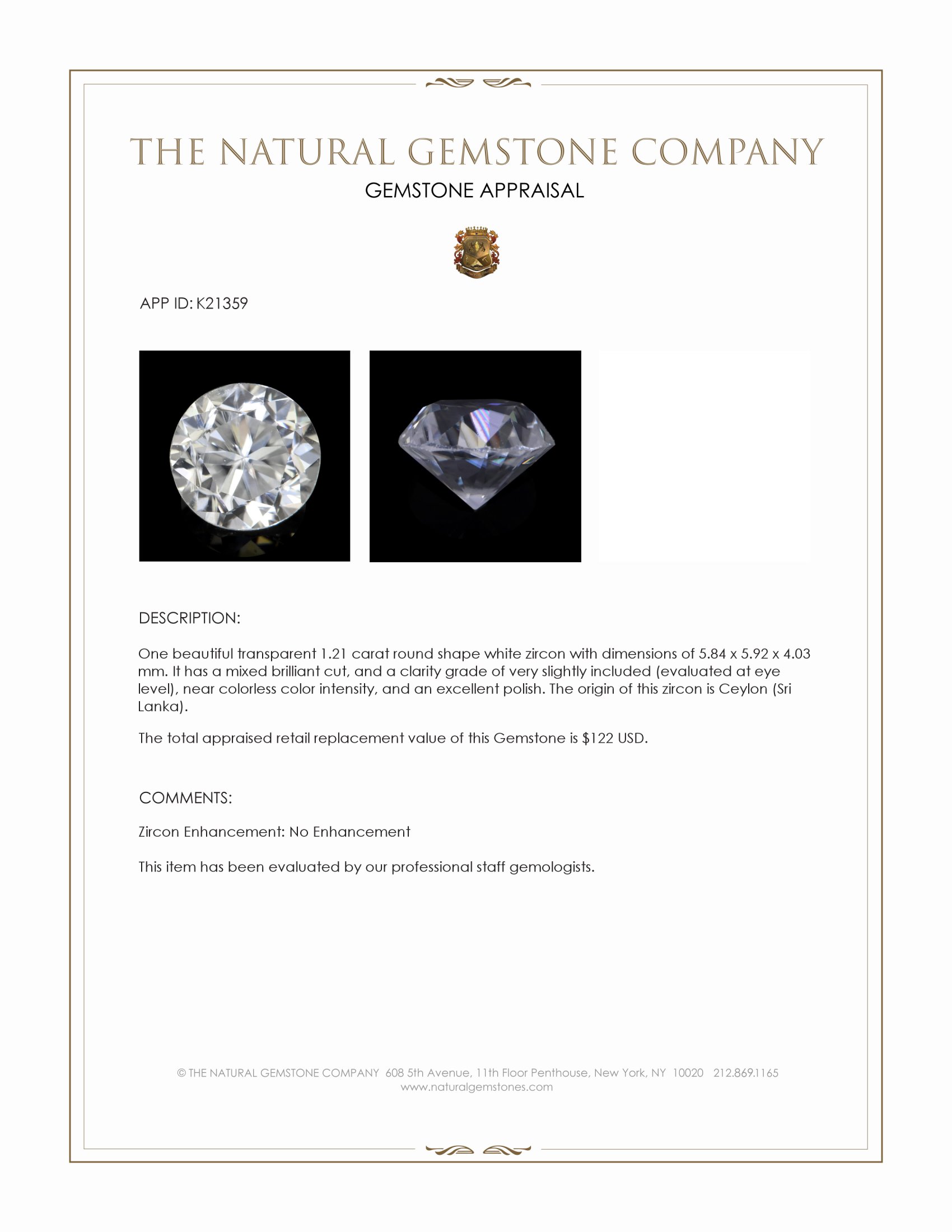 1.21 Ct. White Zircon from Ceylon (Sri Lanka)