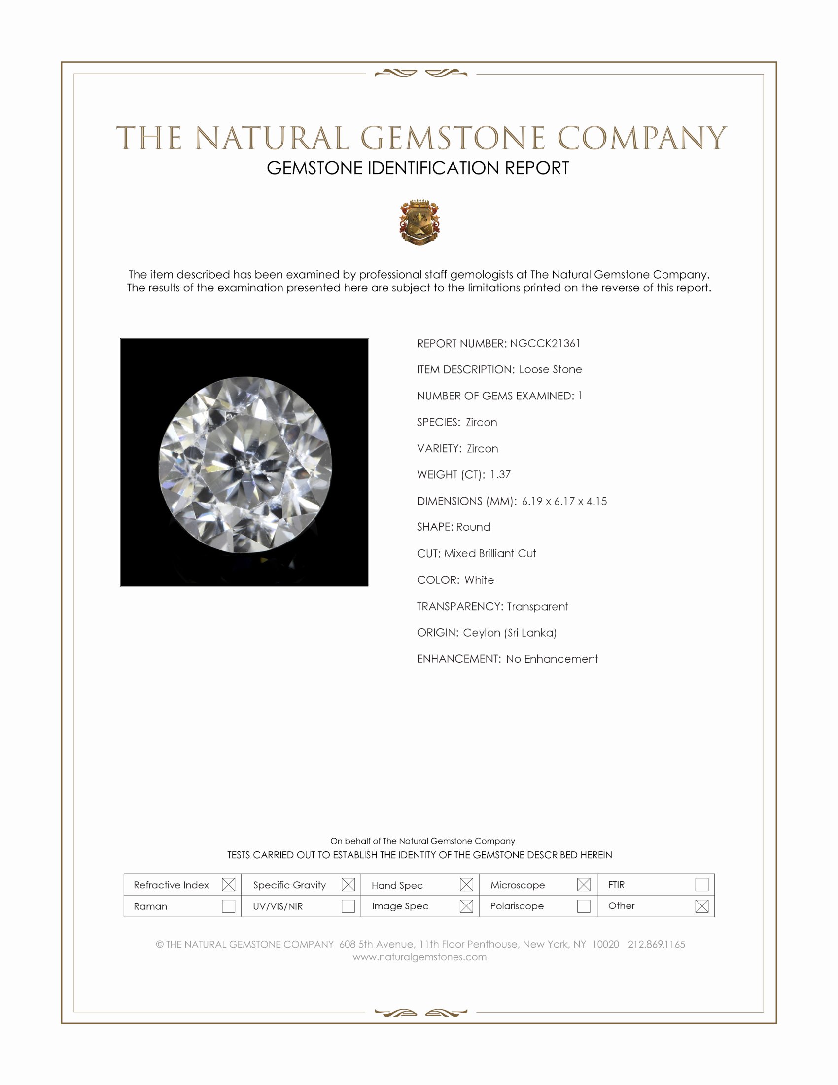 1.37 Ct. White Zircon from Ceylon (Sri Lanka)