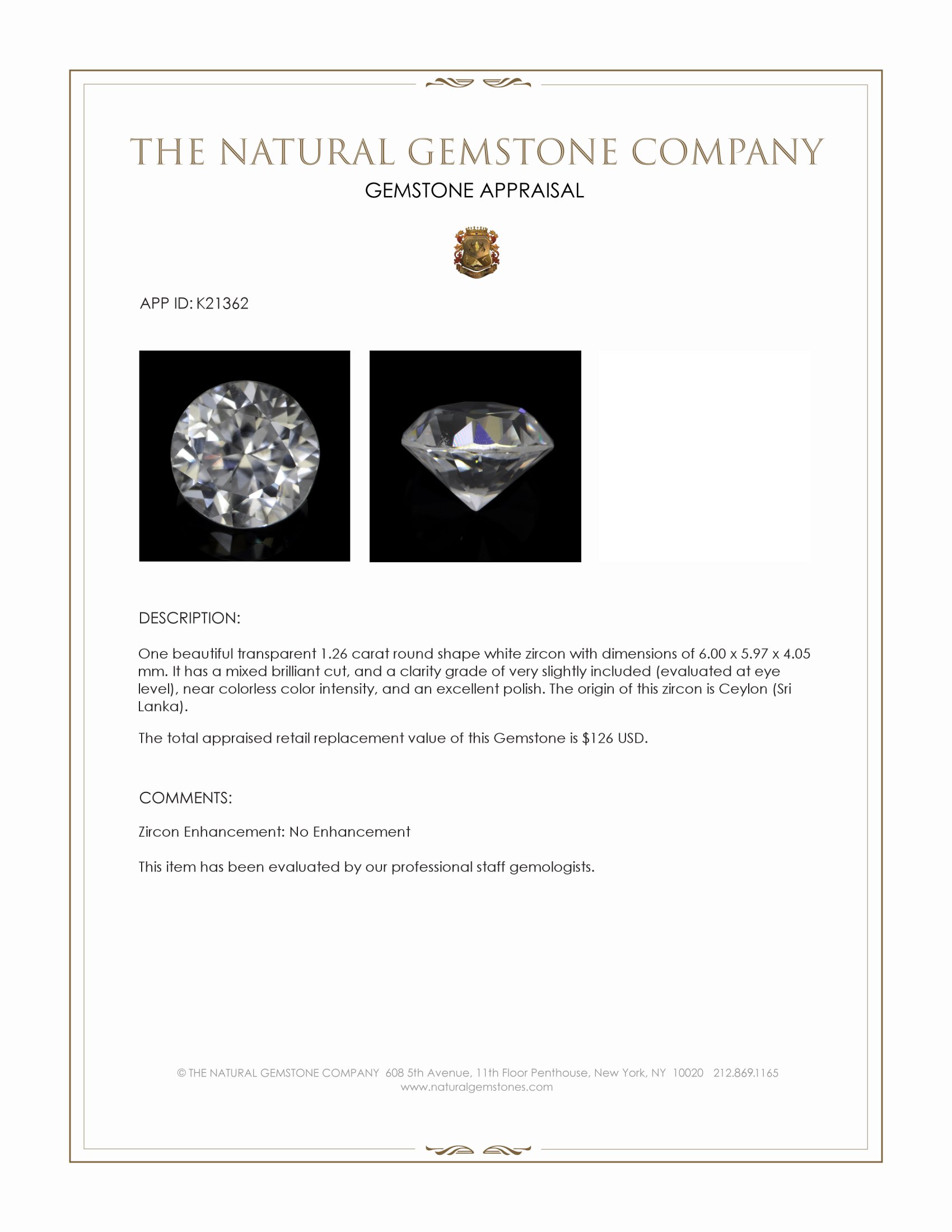 1.26 Ct. White Zircon from Ceylon (Sri Lanka)