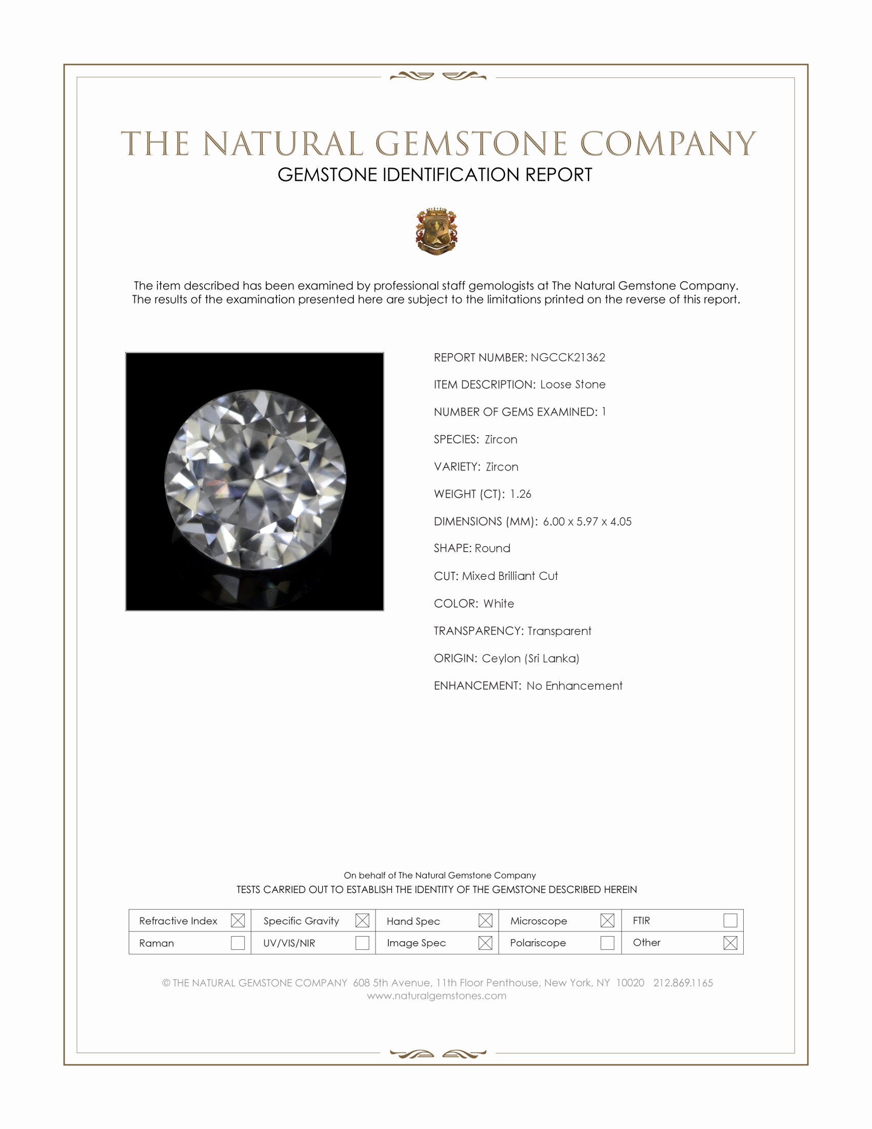1.26 Ct. White Zircon from Ceylon (Sri Lanka)