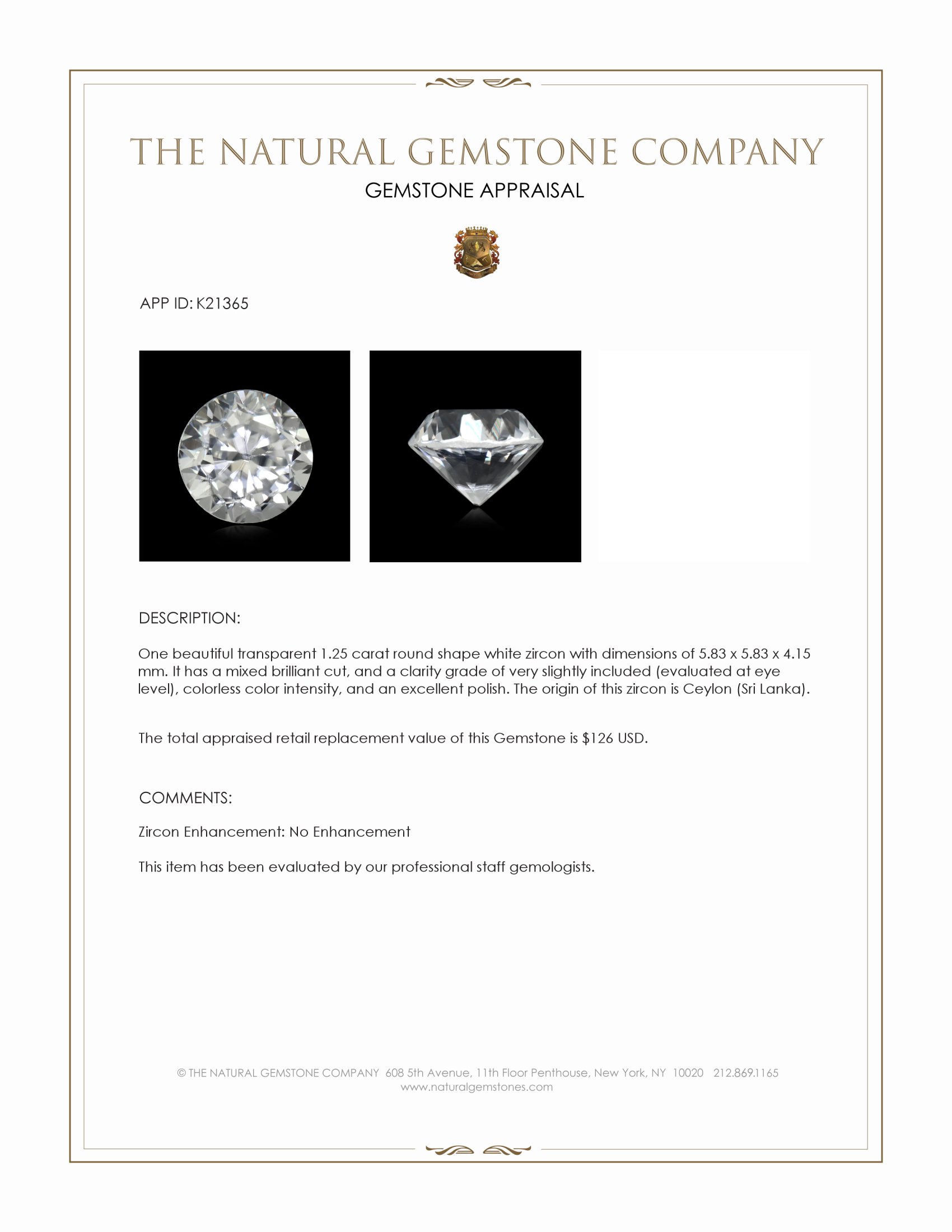 1.25 Ct. White Zircon from Ceylon (Sri Lanka)