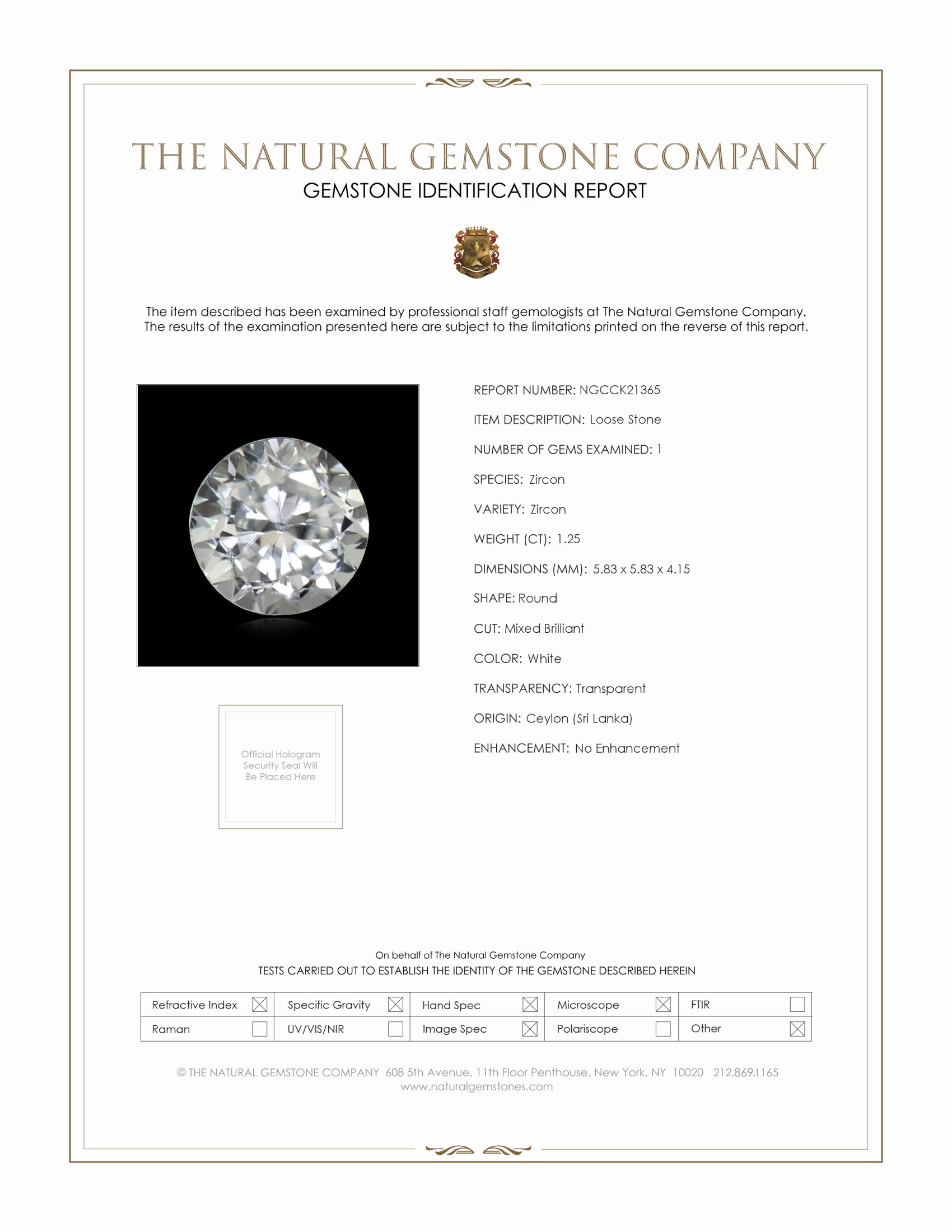 1.25 Ct. White Zircon from Ceylon (Sri Lanka)
