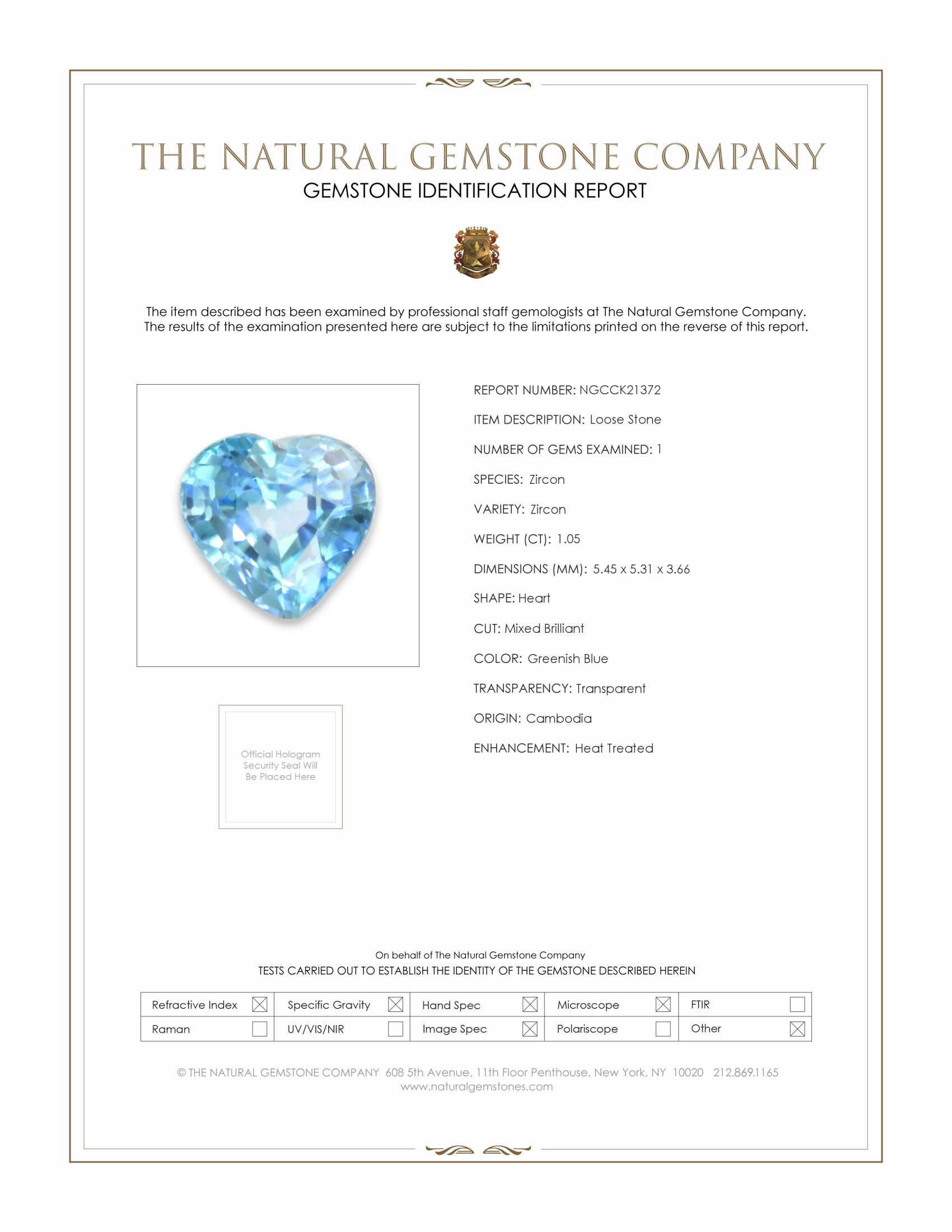1.05 Ct. Greenish Blue Zircon from Cambodia