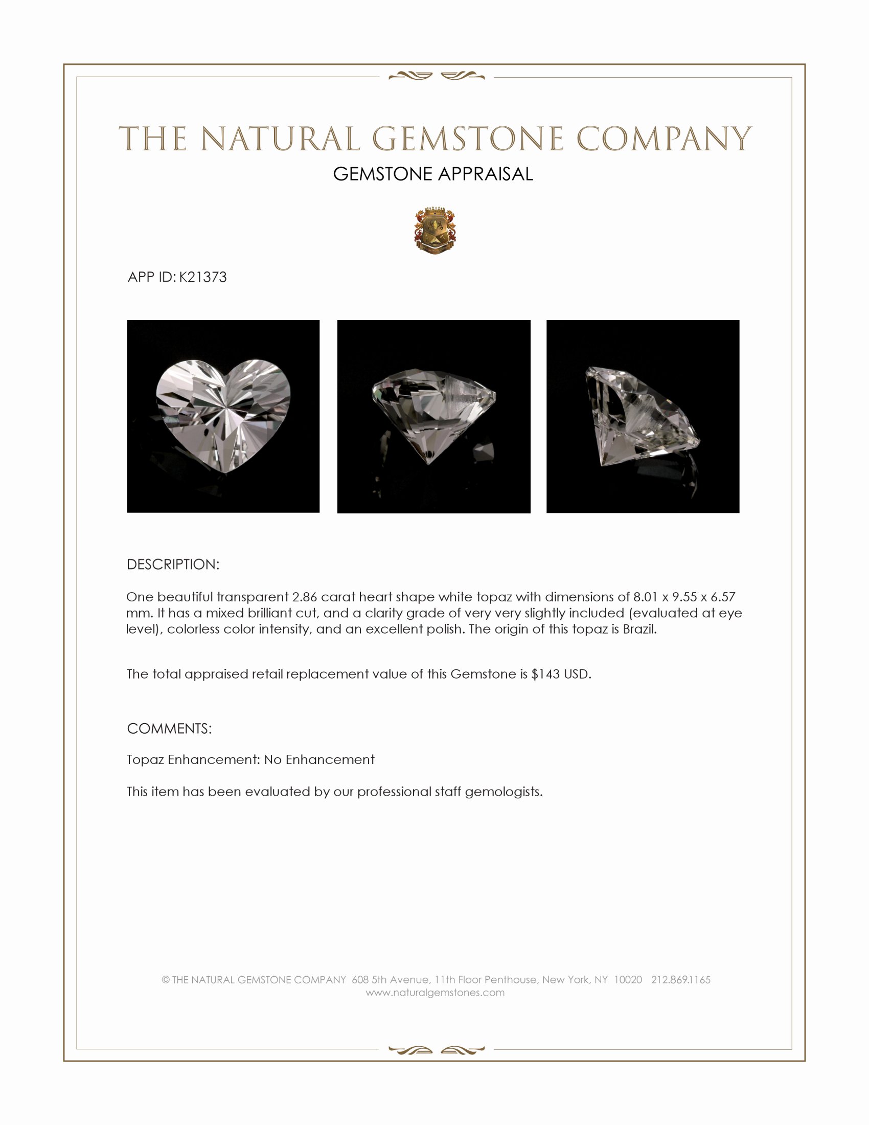 2.86 Ct. White Topaz from Brazil
