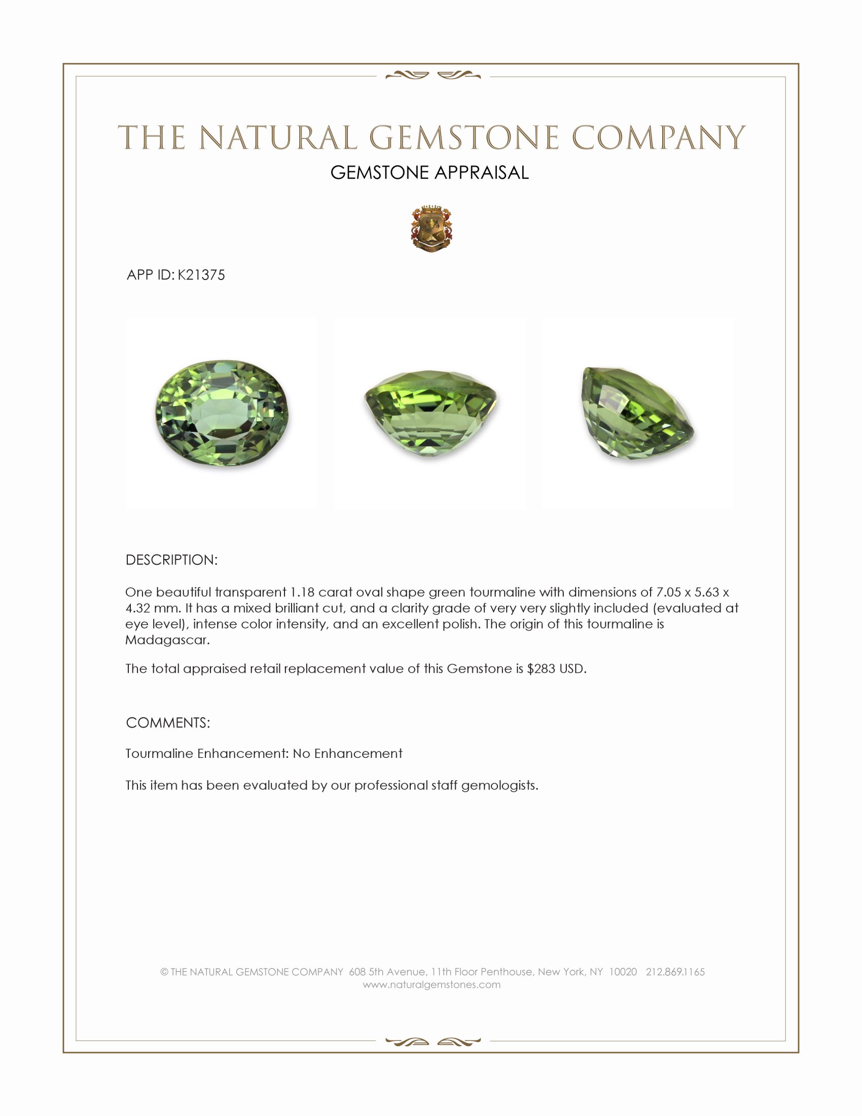 1.18 Ct. Green Tourmaline from Madagascar