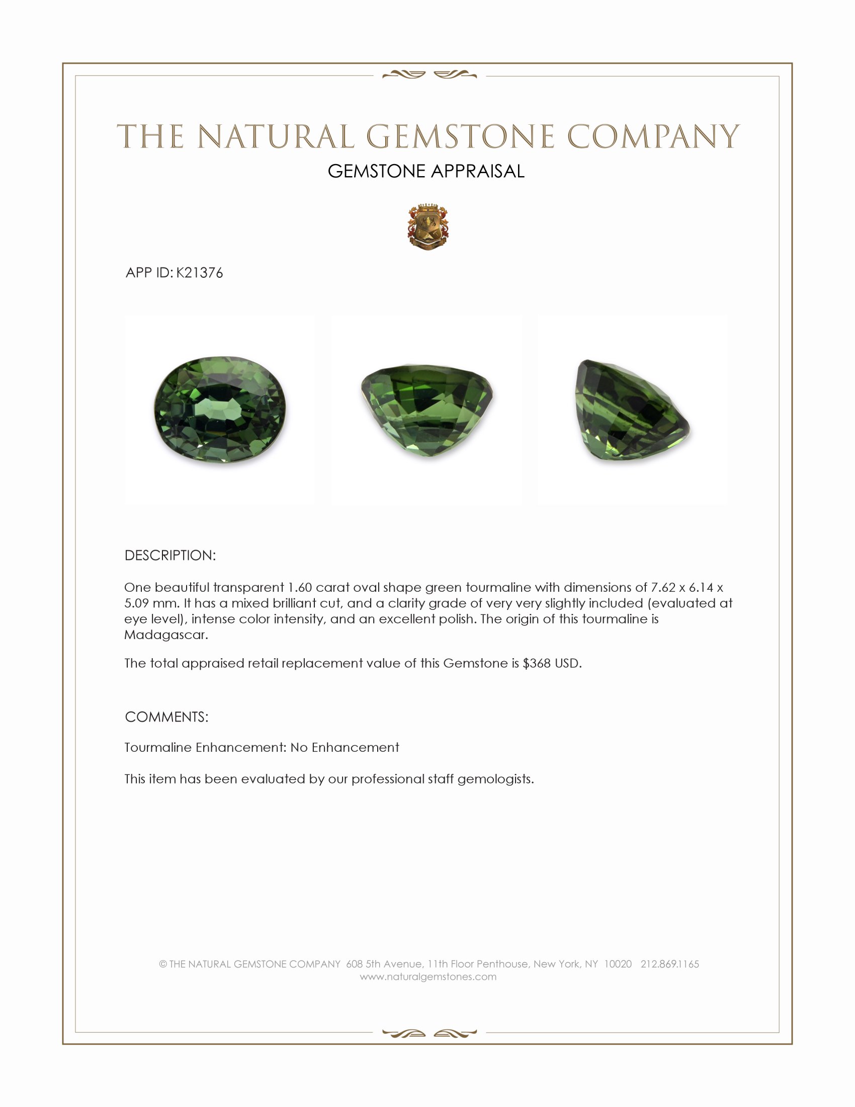 1.60 Ct. Green Tourmaline from Madagascar