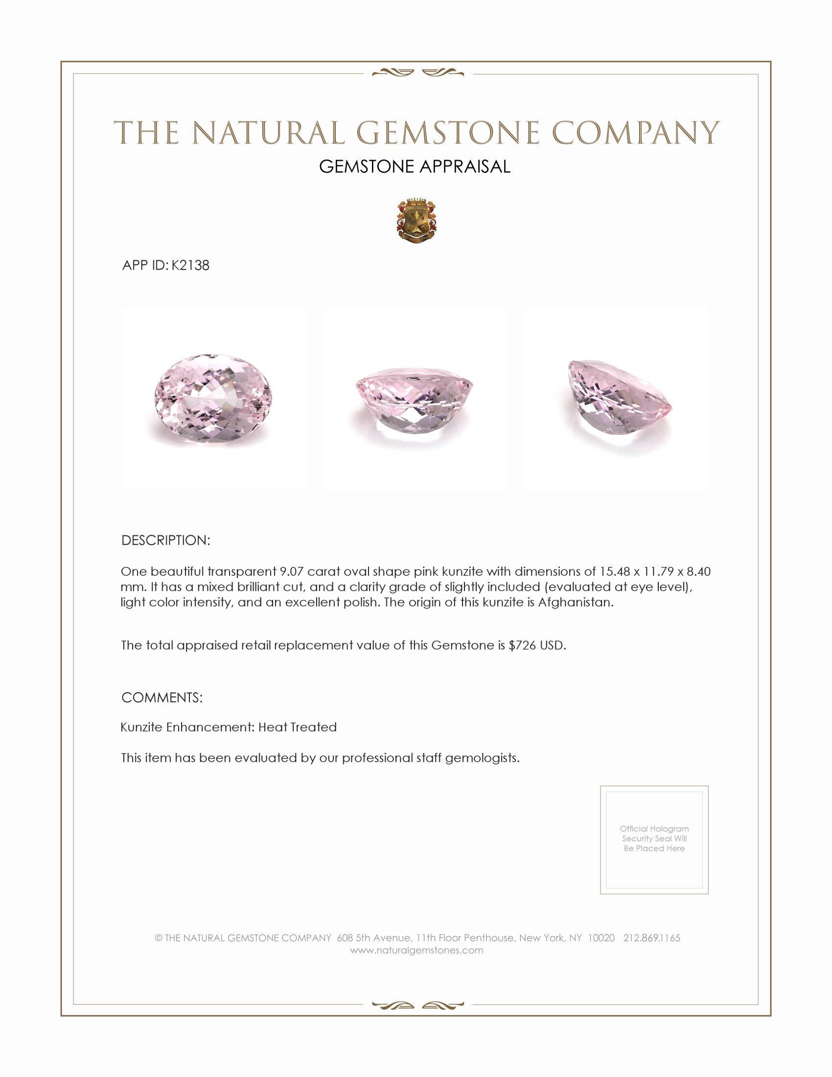 9.07 Ct. Kunzite from Afghanistan