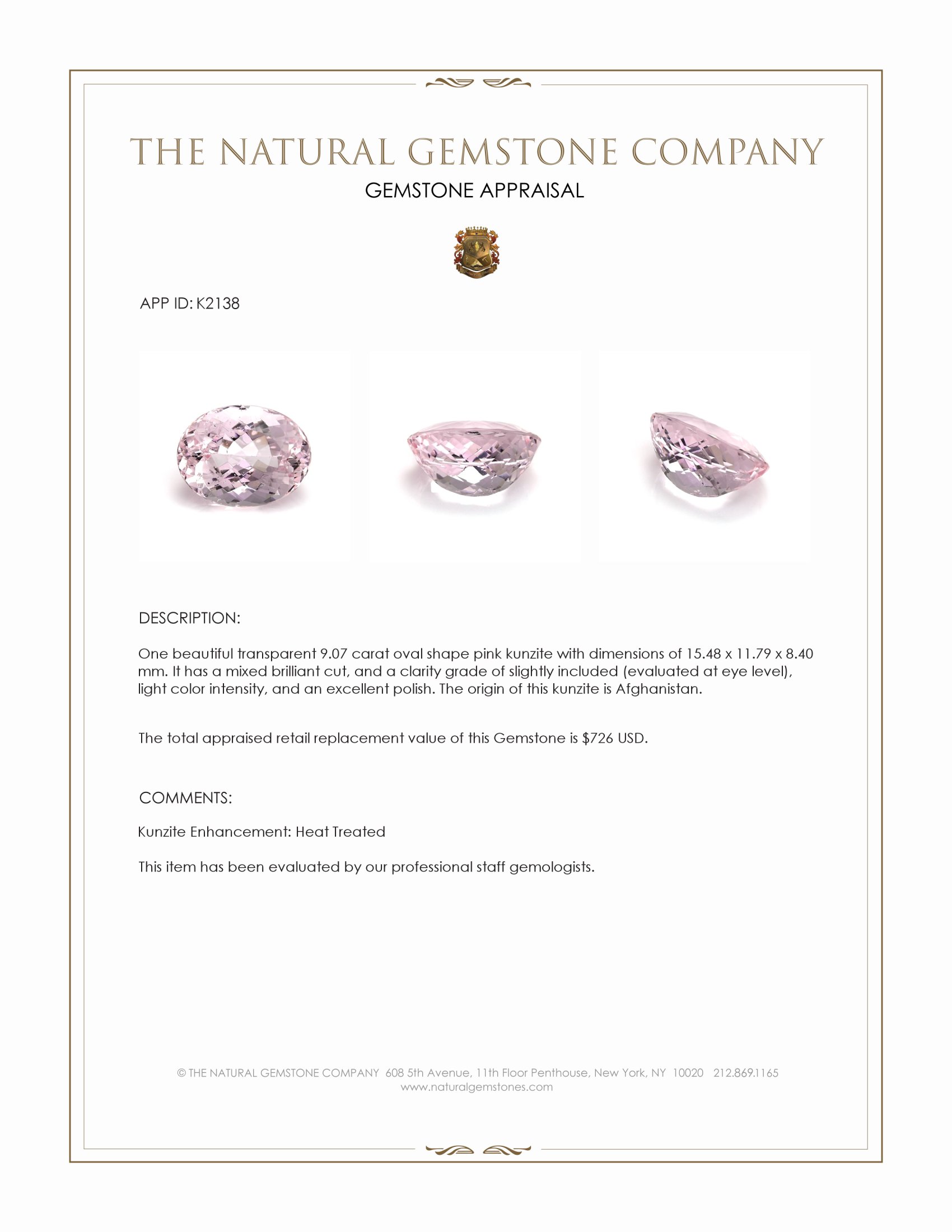9.07 Ct. Pink Kunzite from Afghanistan