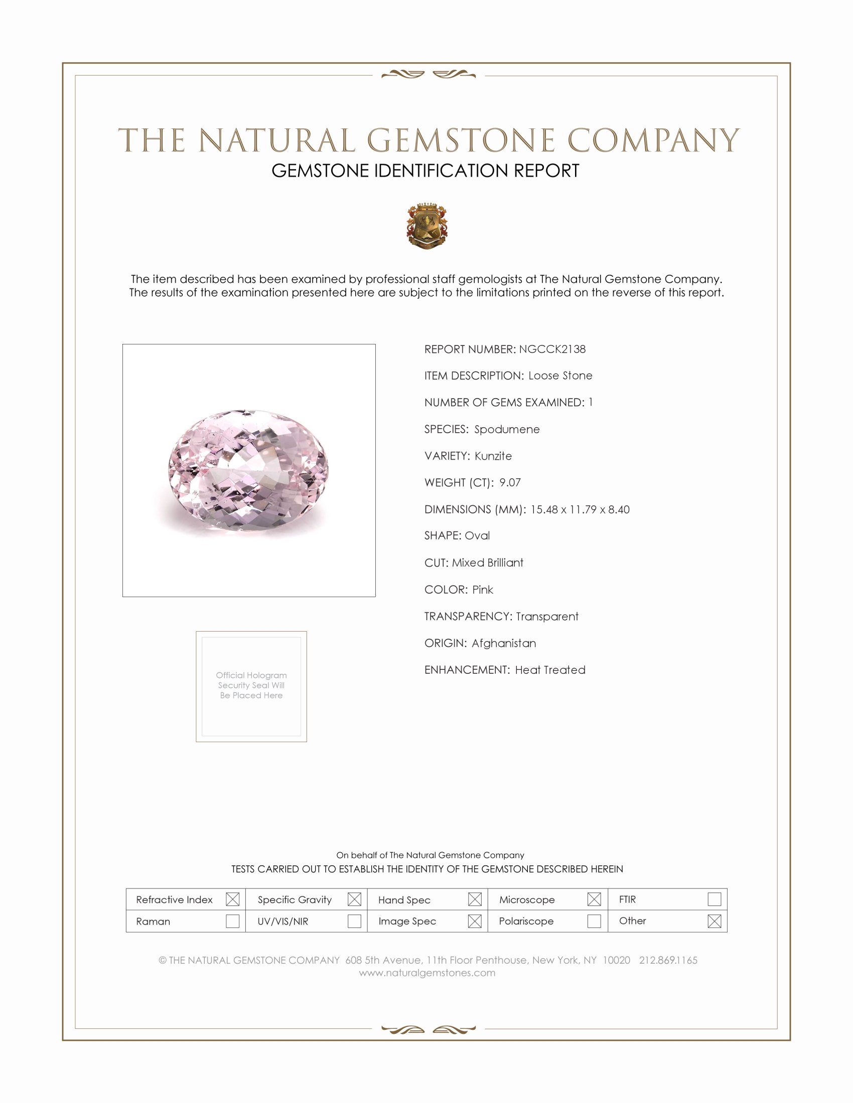 9.07 Ct. Kunzite from Afghanistan