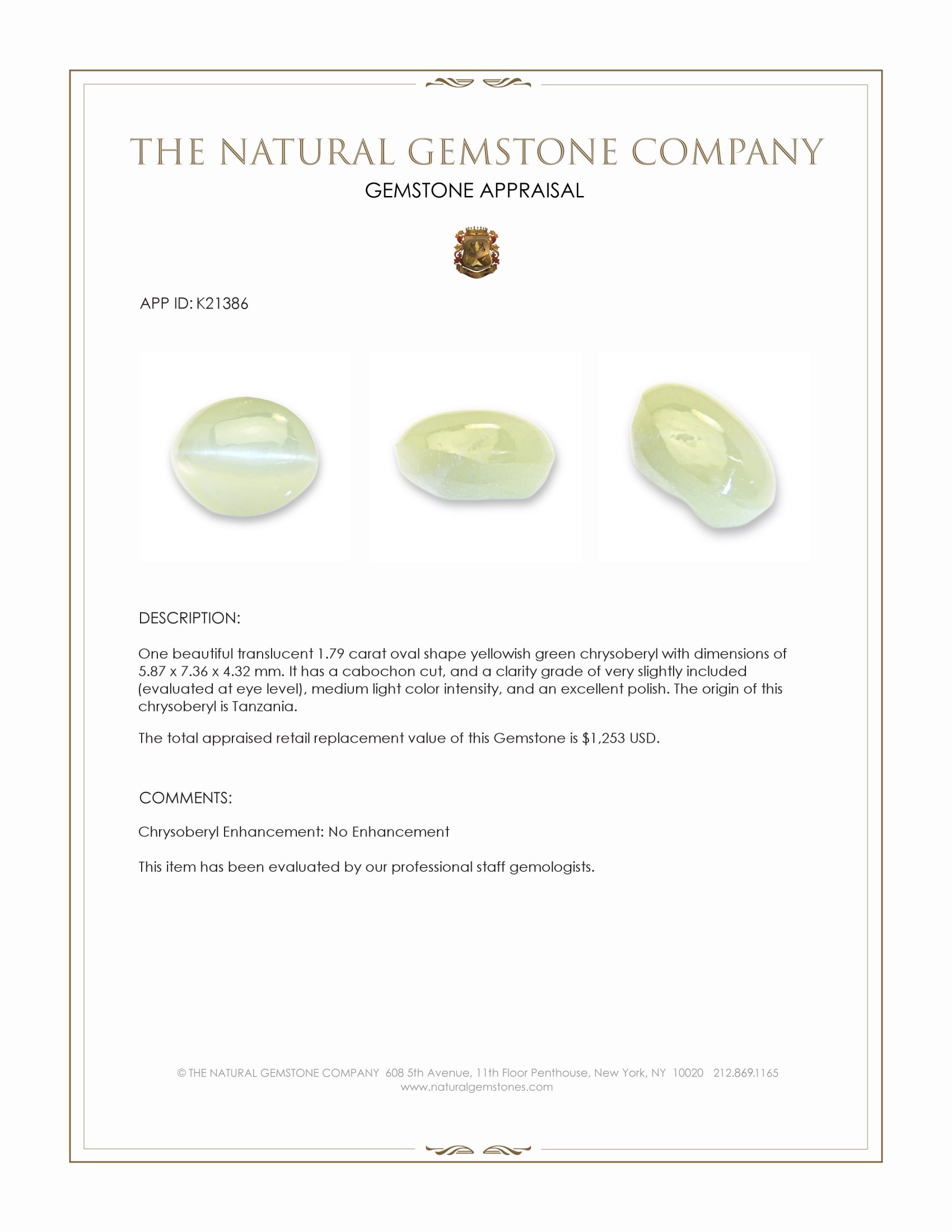 1.79 Ct. Cabochon Chrysoberyl from Tanzania