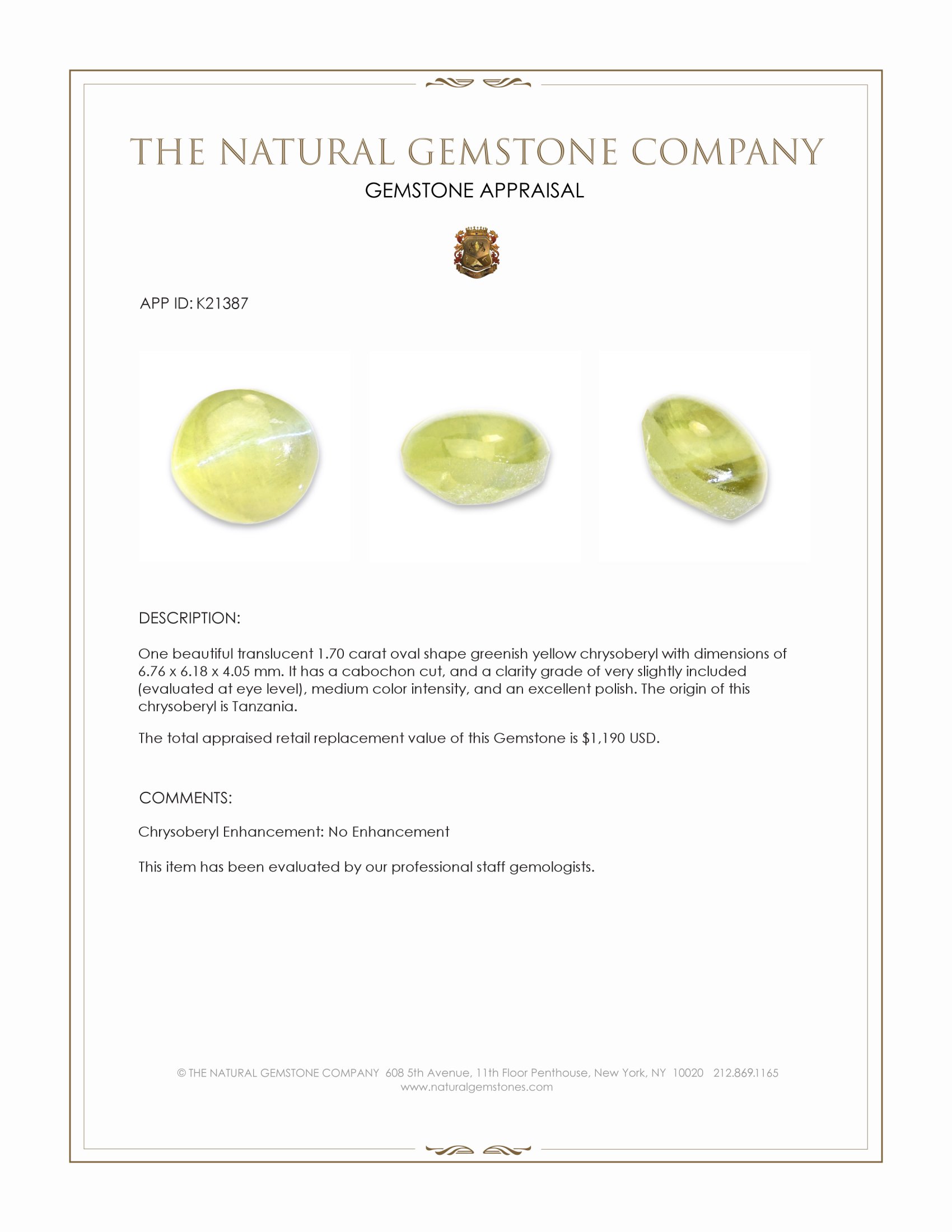 1.70 Ct. Greenish Yellow Cabochon Chrysoberyl from Tanzania