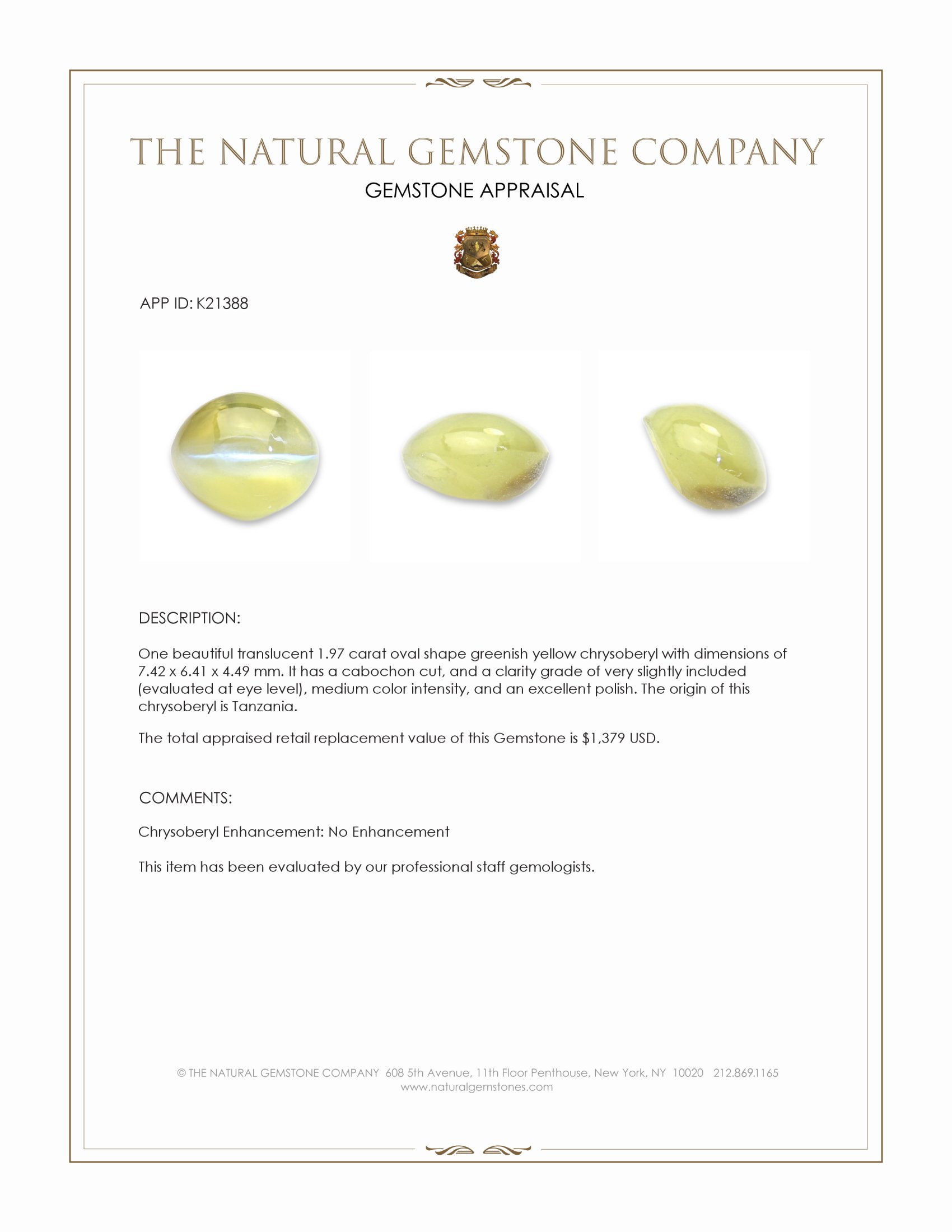 1.97 Ct. Cabochon Chrysoberyl from Tanzania