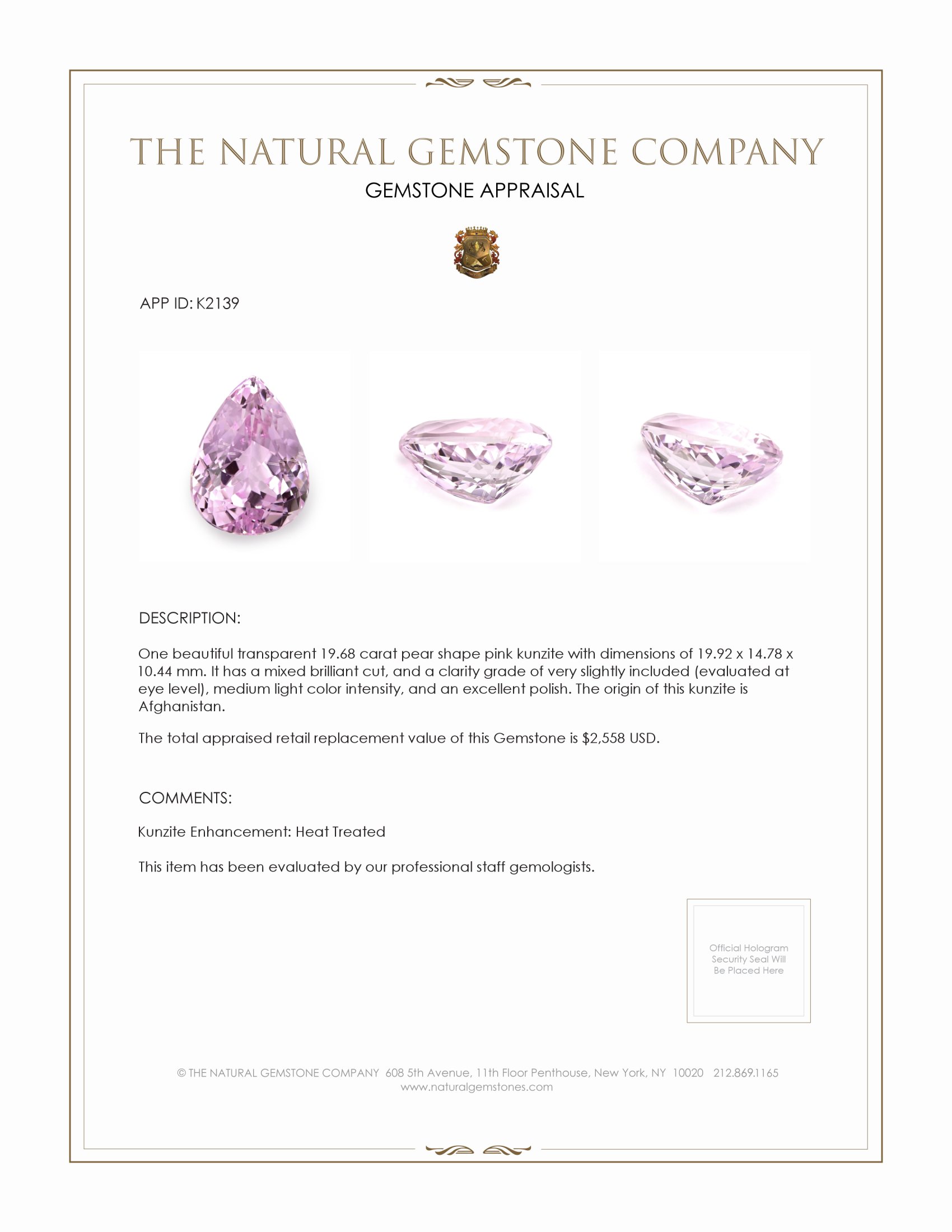 19.68 Ct. Kunzite from Afghanistan