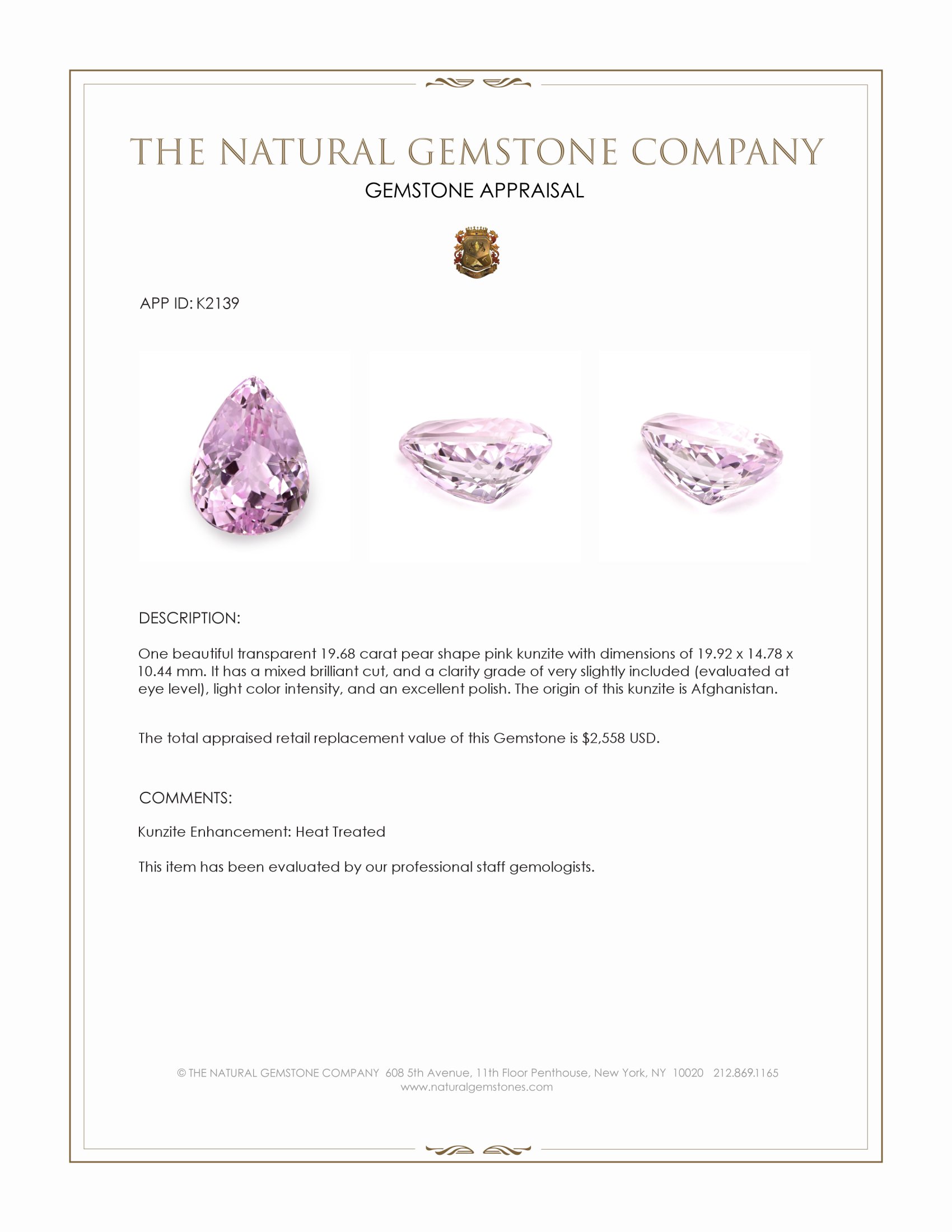 19.68 Ct. Kunzite from Afghanistan