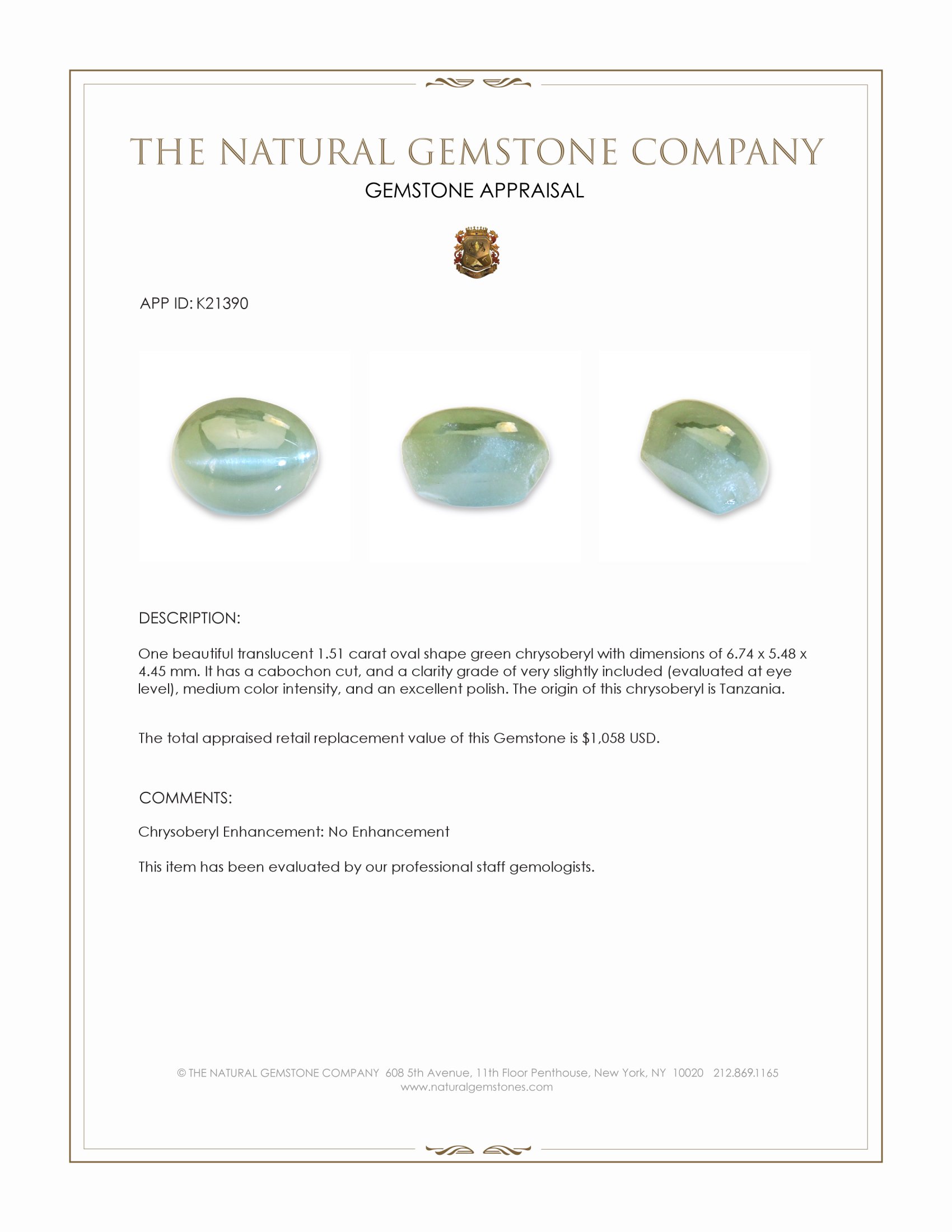 1.51 Ct. Cabochon Chrysoberyl from Tanzania