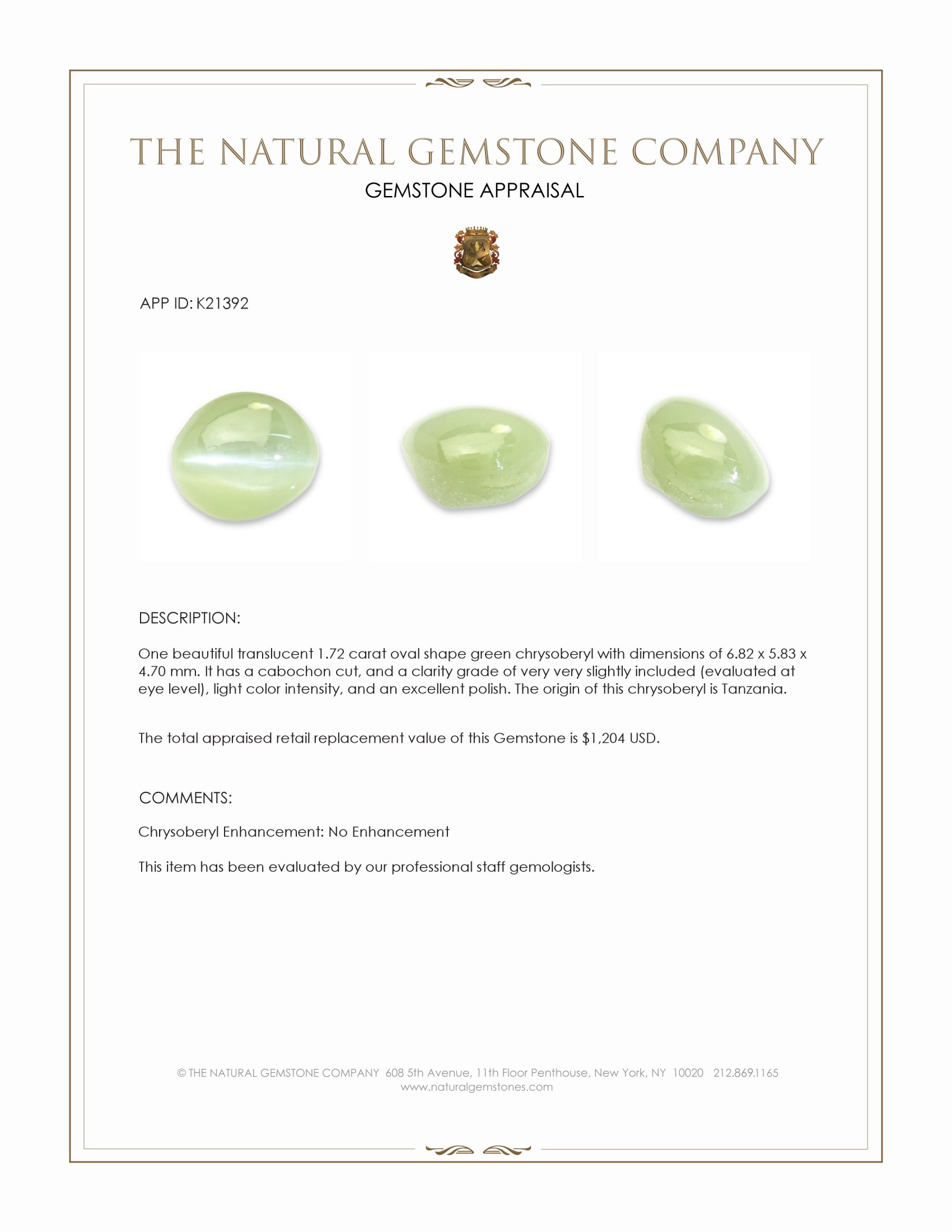 1.72 Ct. Cabochon Chrysoberyl from Tanzania