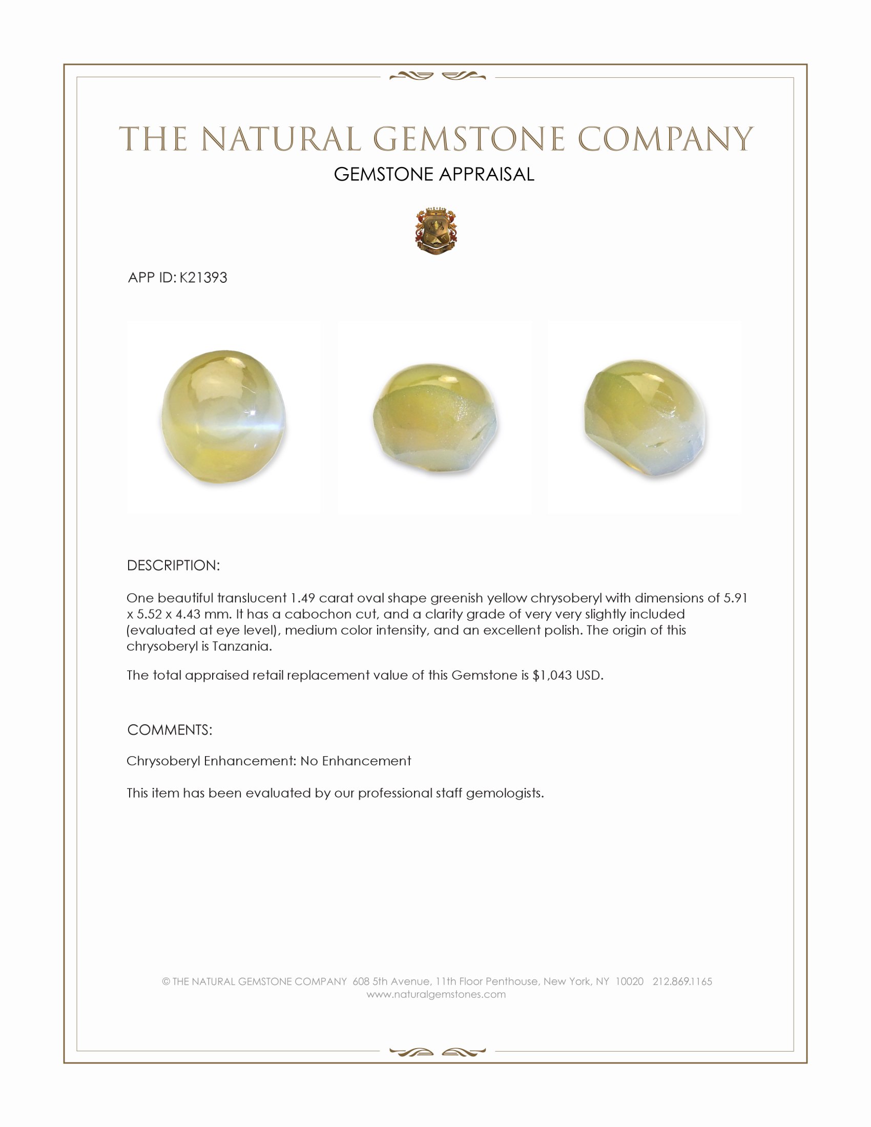 1.49 Ct. Greenish Yellow Cabochon Chrysoberyl from Tanzania