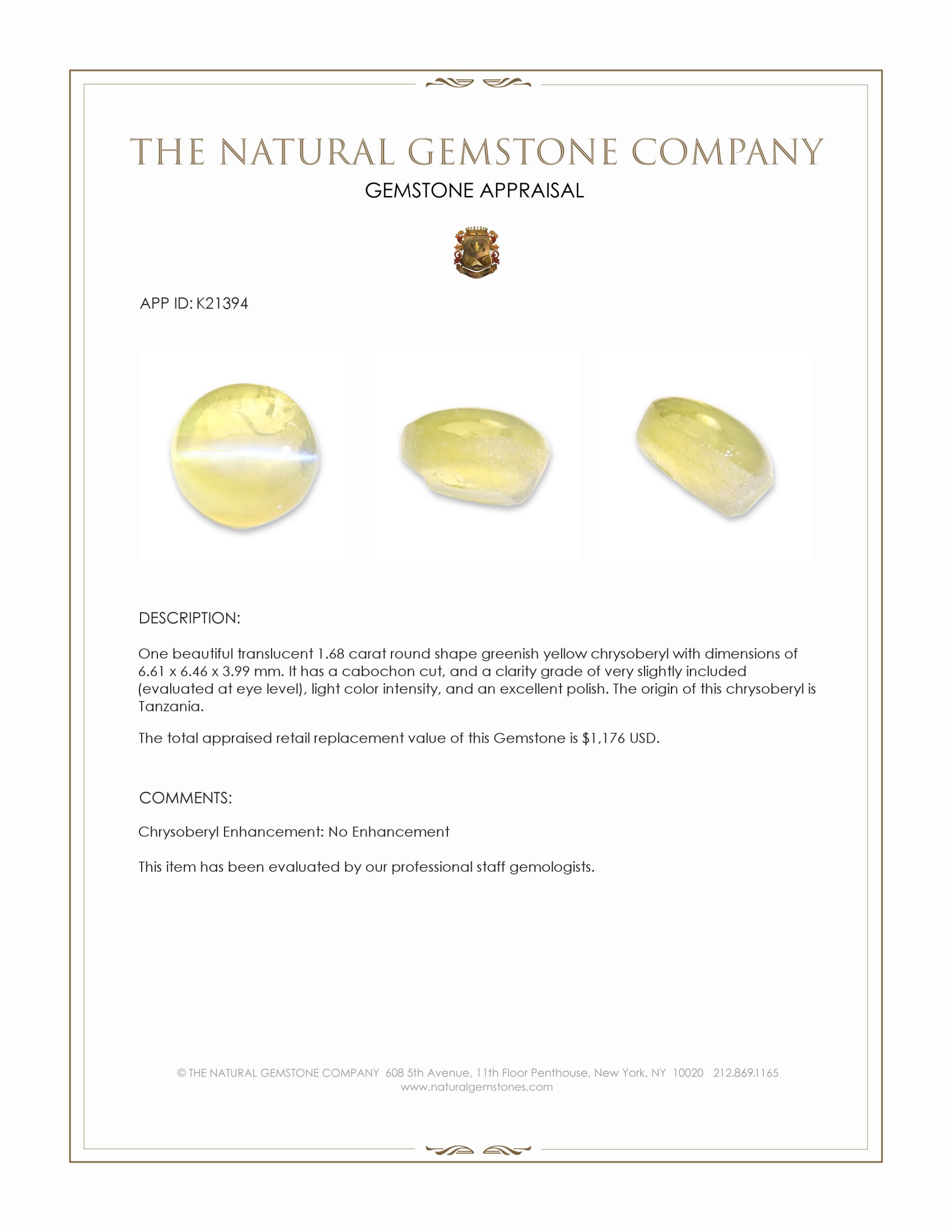 1.68 Ct. Cabochon Chrysoberyl from Tanzania