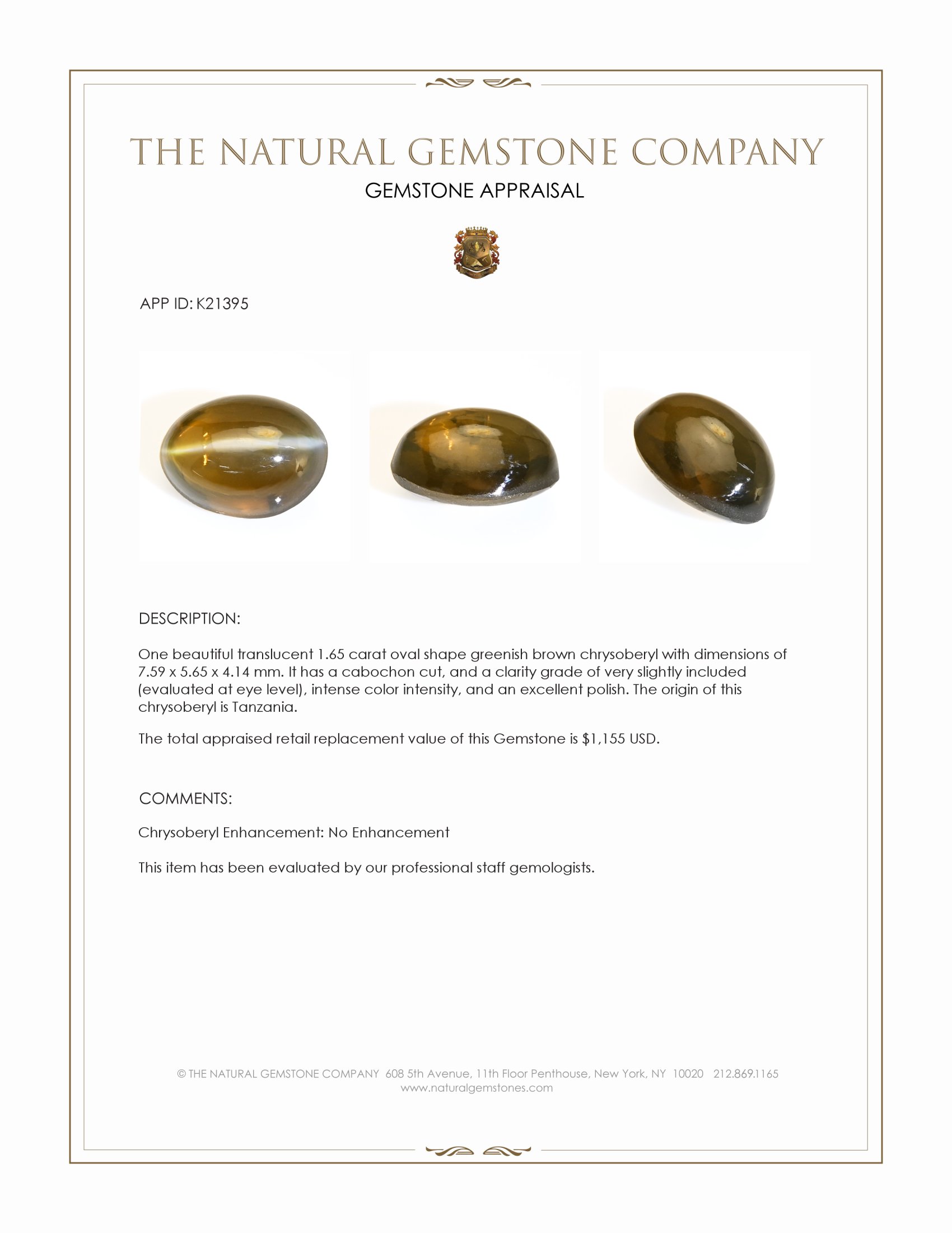 1.65 Ct. Cabochon Chrysoberyl from Tanzania