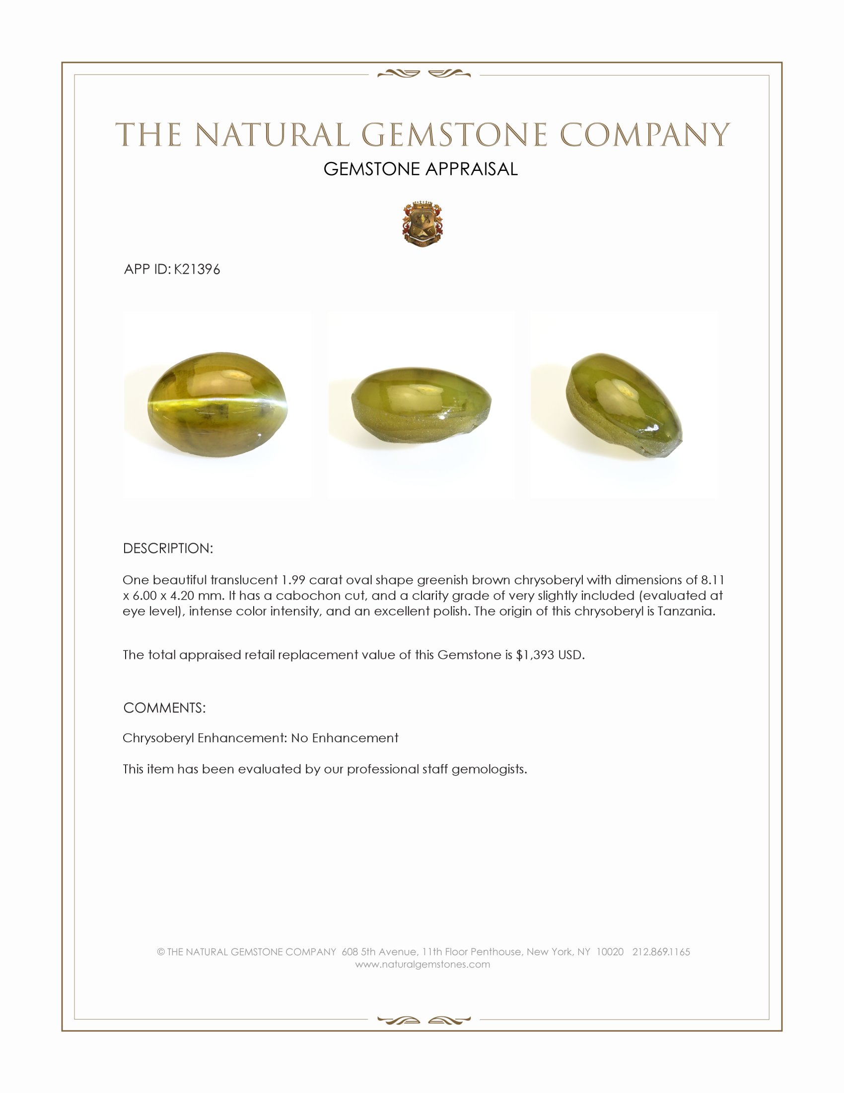 1.99 Ct. Cabochon Chrysoberyl from Tanzania