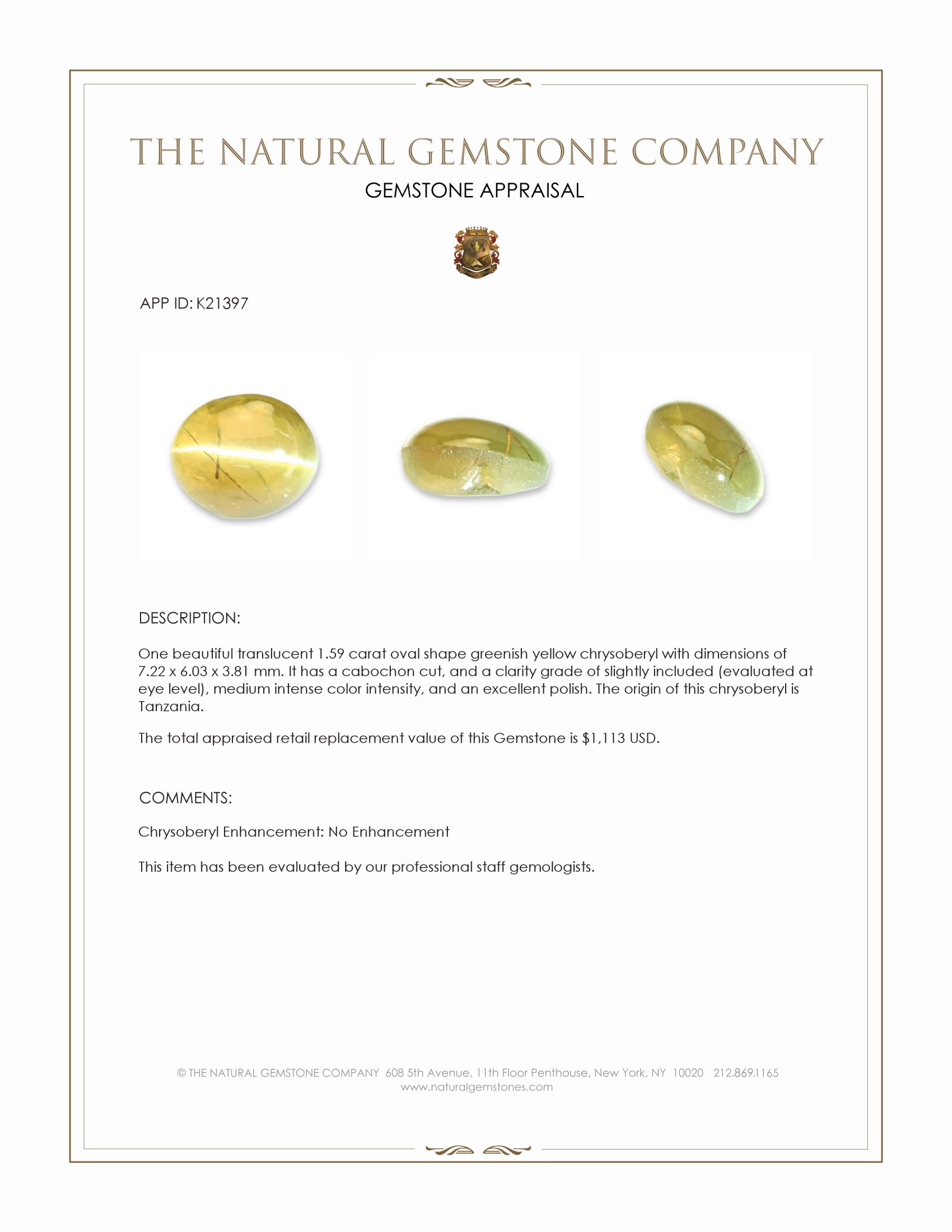 1.59 Ct. Cabochon Chrysoberyl from Tanzania