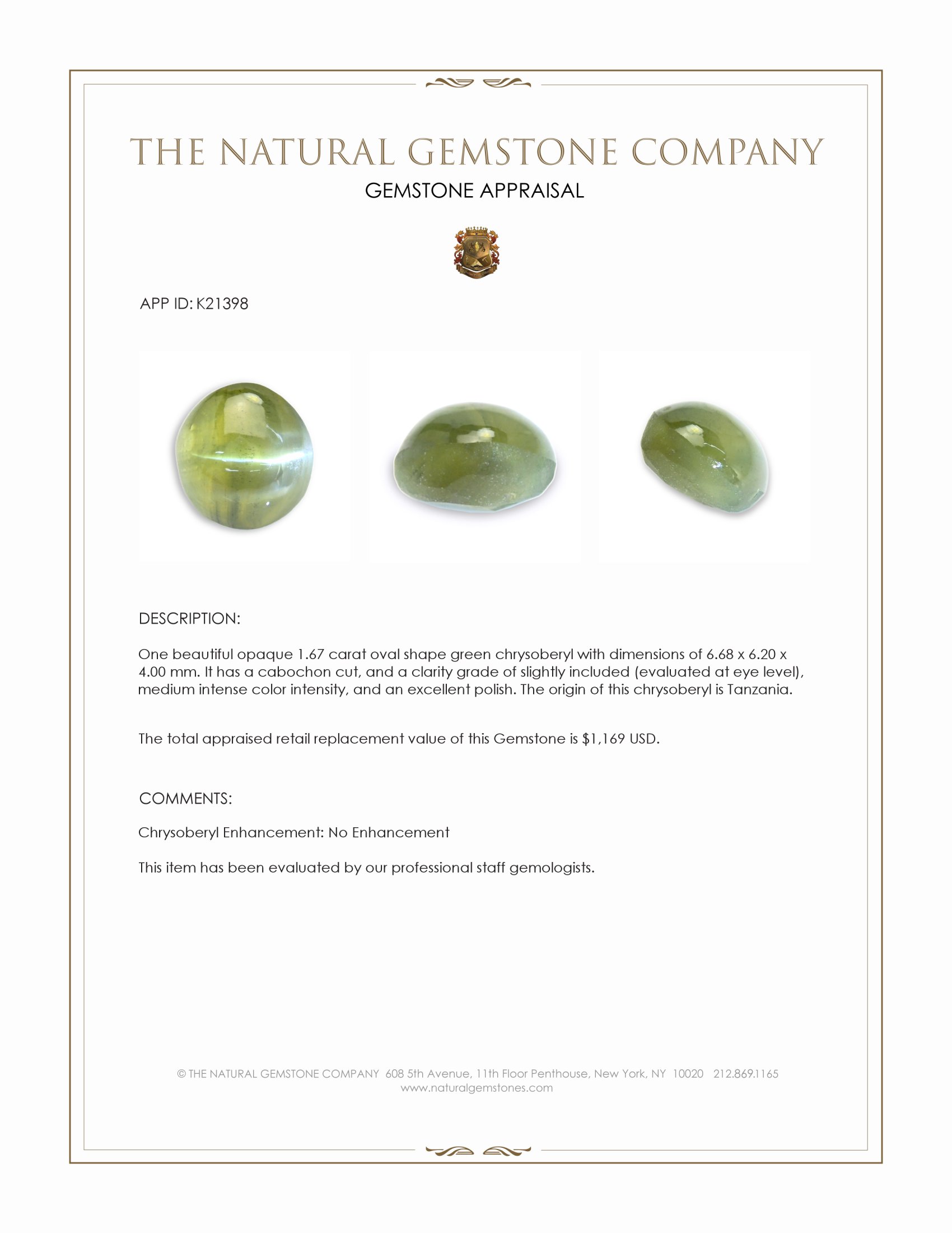 1.67 Ct. Cabochon Chrysoberyl from Tanzania