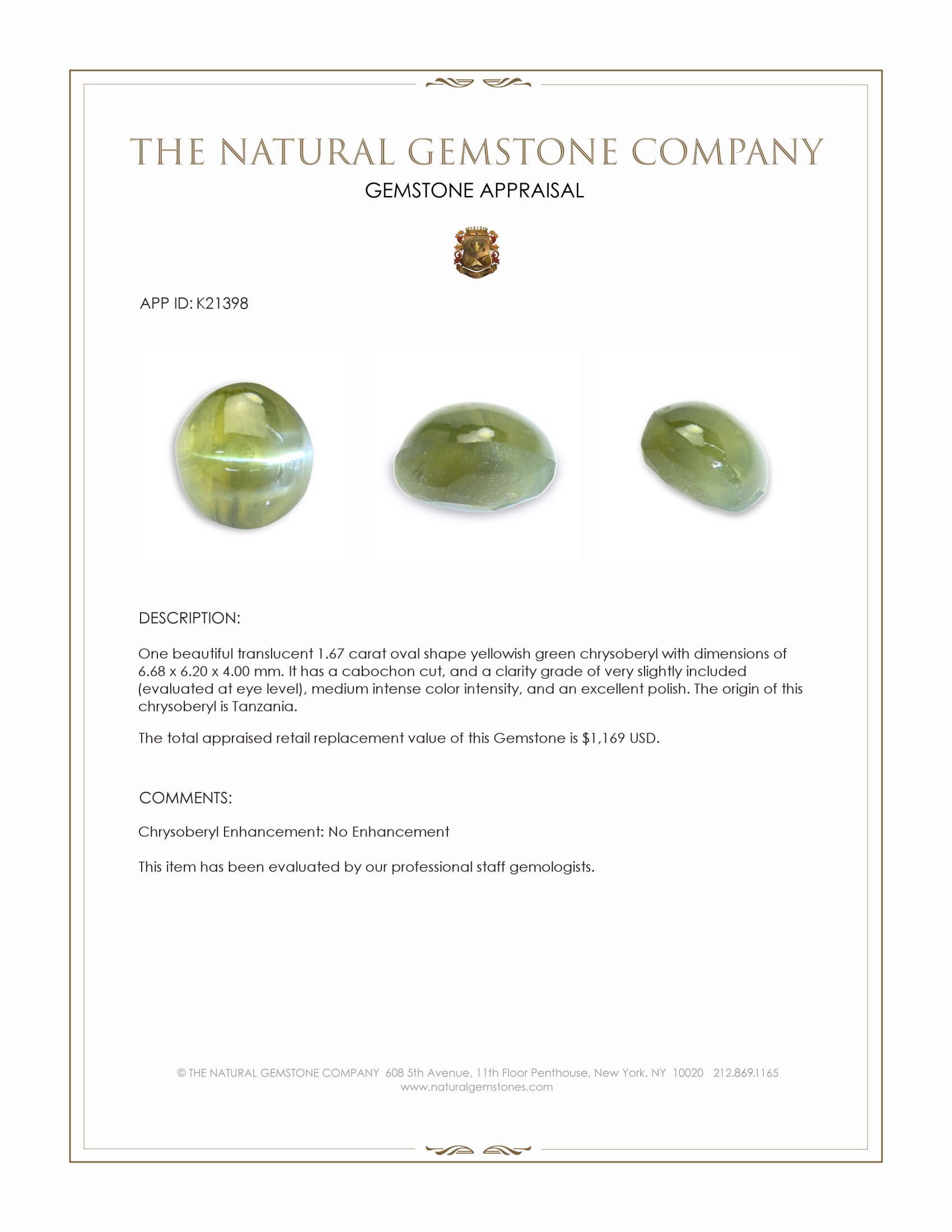 1.67 Ct. Cabochon Chrysoberyl from Tanzania