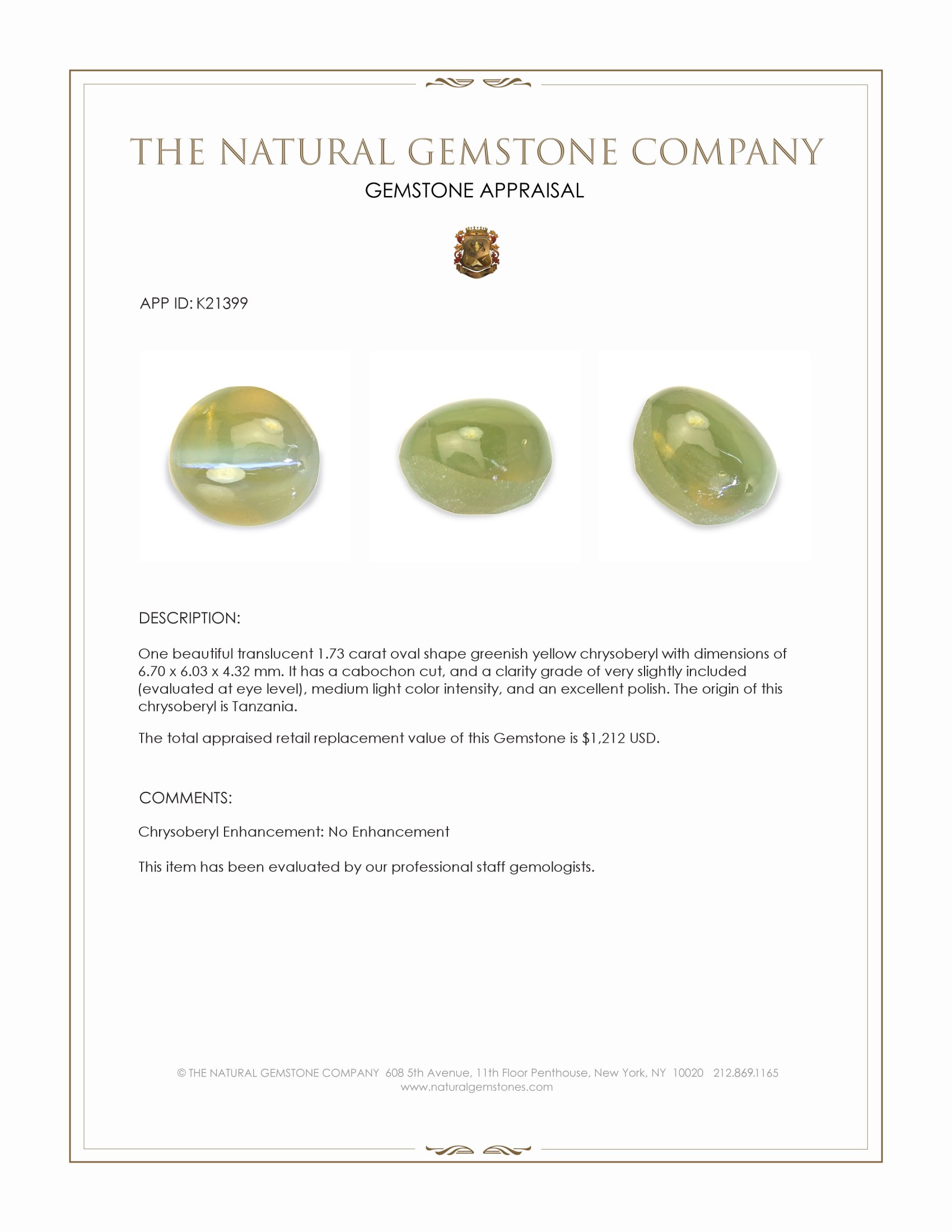 1.73 Ct. Cabochon Chrysoberyl from Tanzania