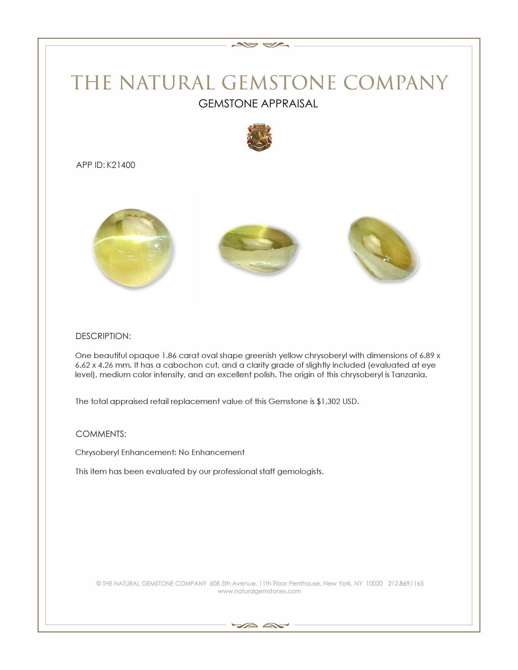 1.86 Ct. Cabochon Chrysoberyl from Tanzania