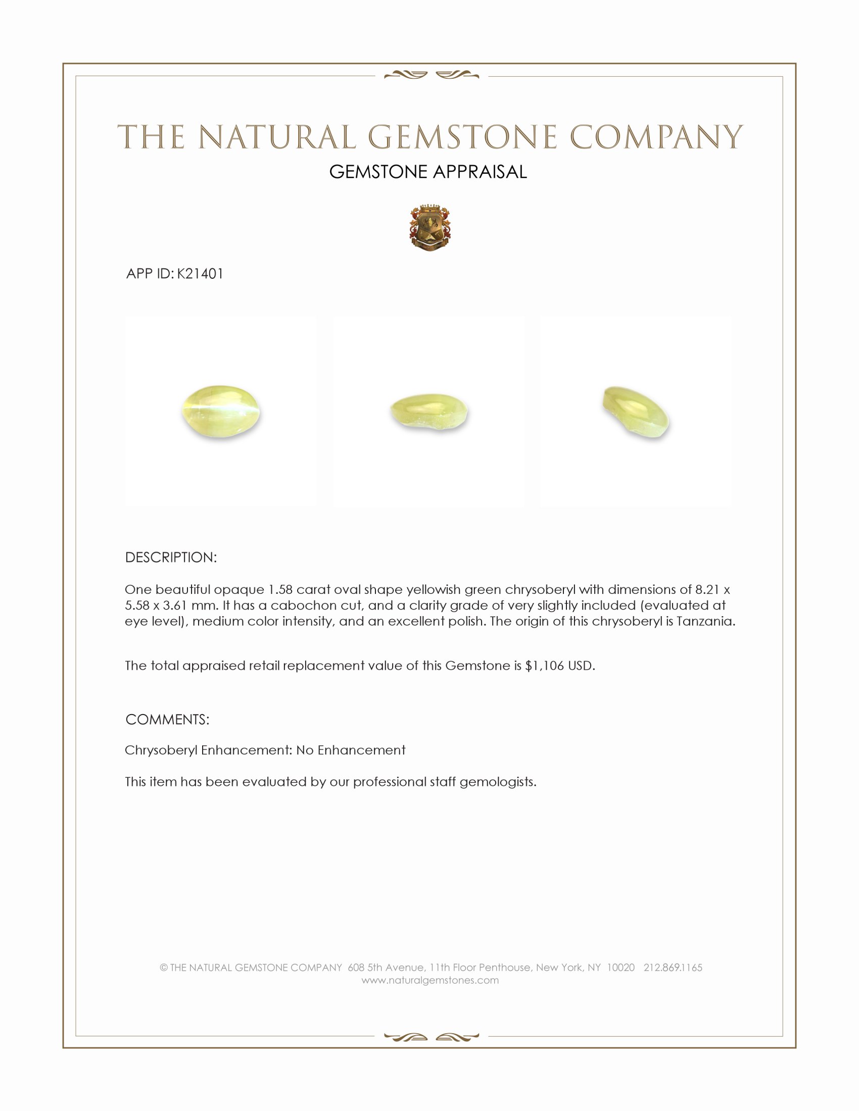 1.58 Ct. Cabochon Chrysoberyl from Tanzania