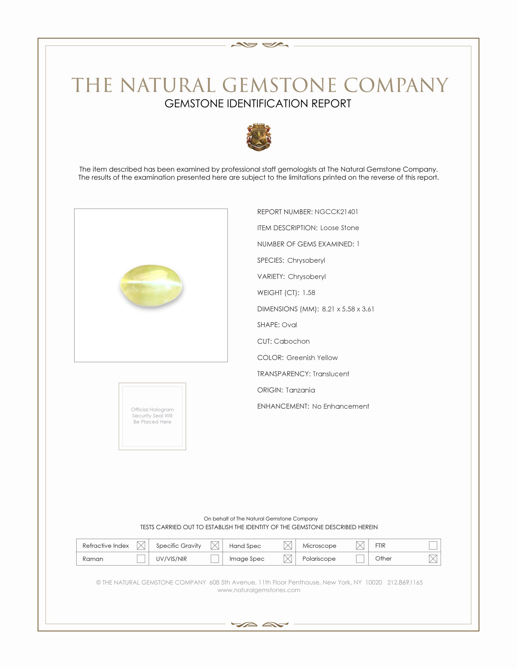 1.58 Ct. Cabochon Chrysoberyl from Tanzania