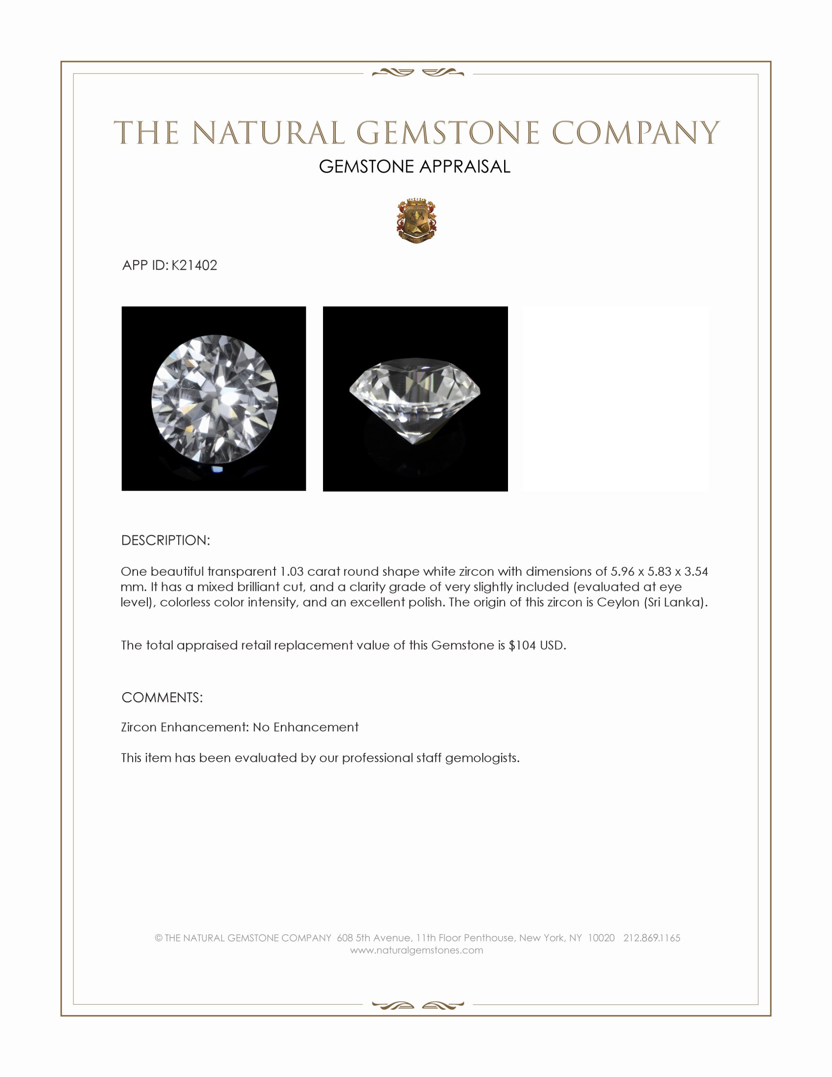 1.03 Ct. White Zircon from Ceylon (Sri Lanka)