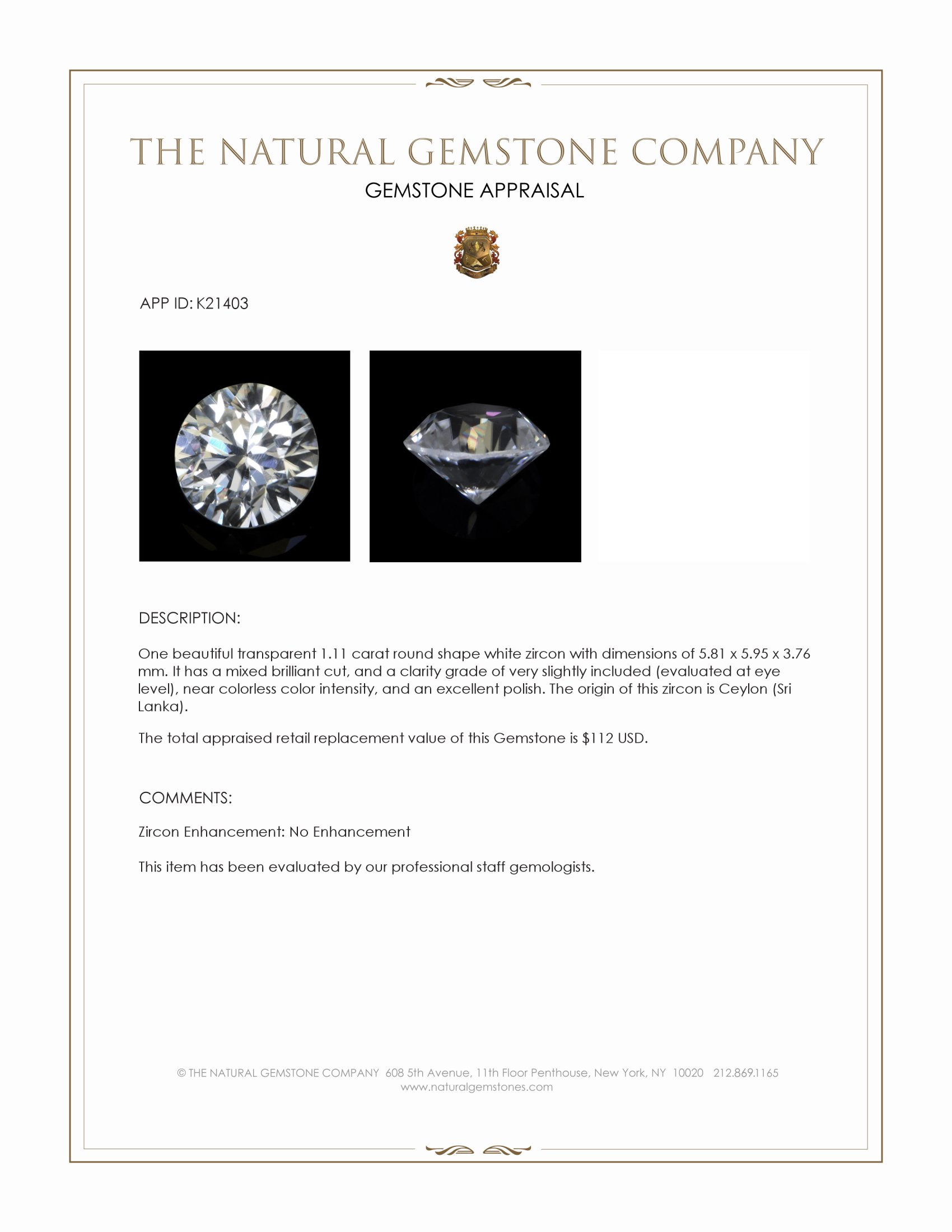 1.11 Ct. White Zircon from Ceylon (Sri Lanka)