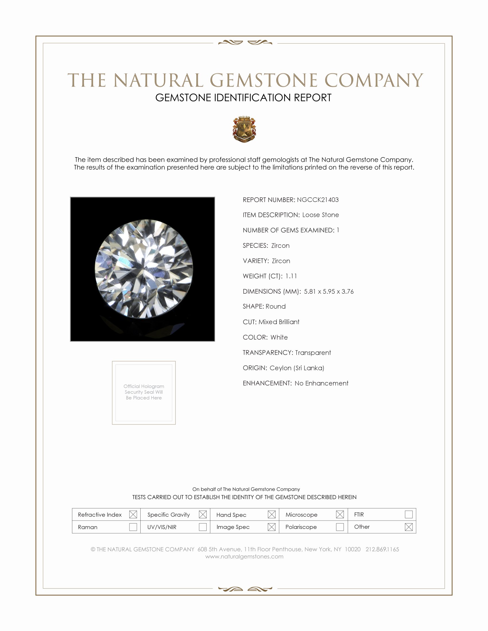 1.11 Ct. White Zircon from Ceylon (Sri Lanka)