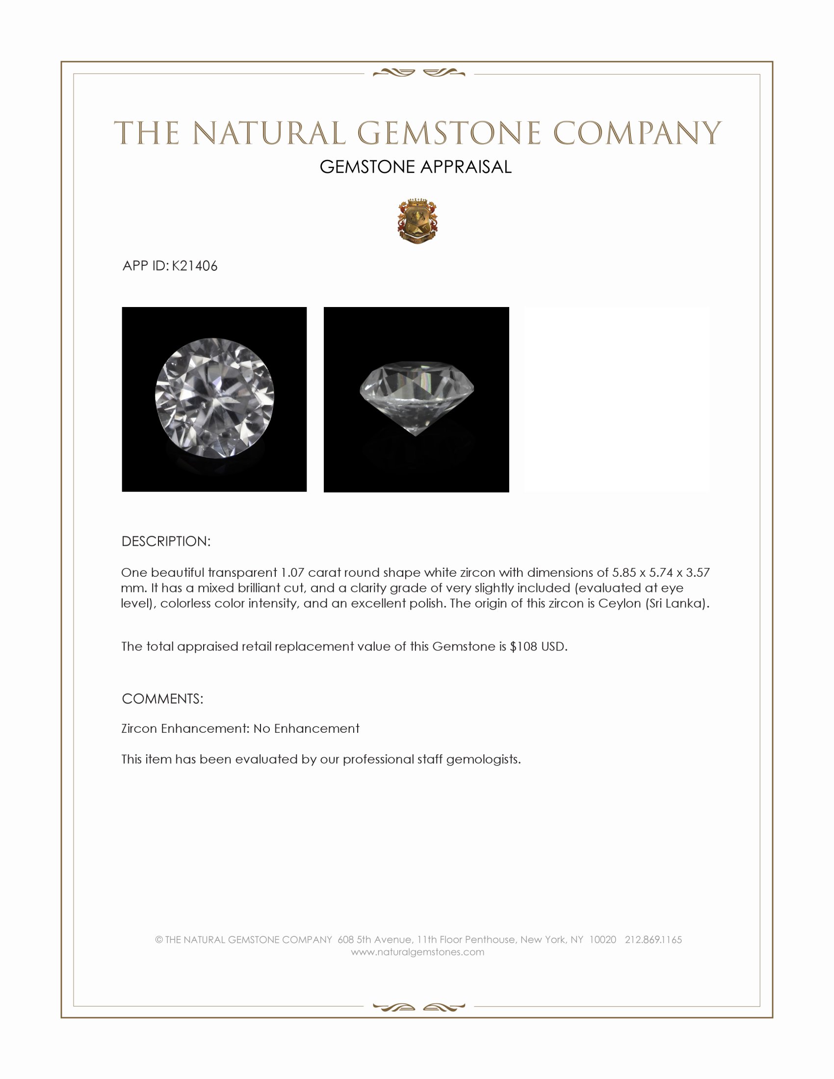 1.07 Ct. White Zircon from Ceylon (Sri Lanka)