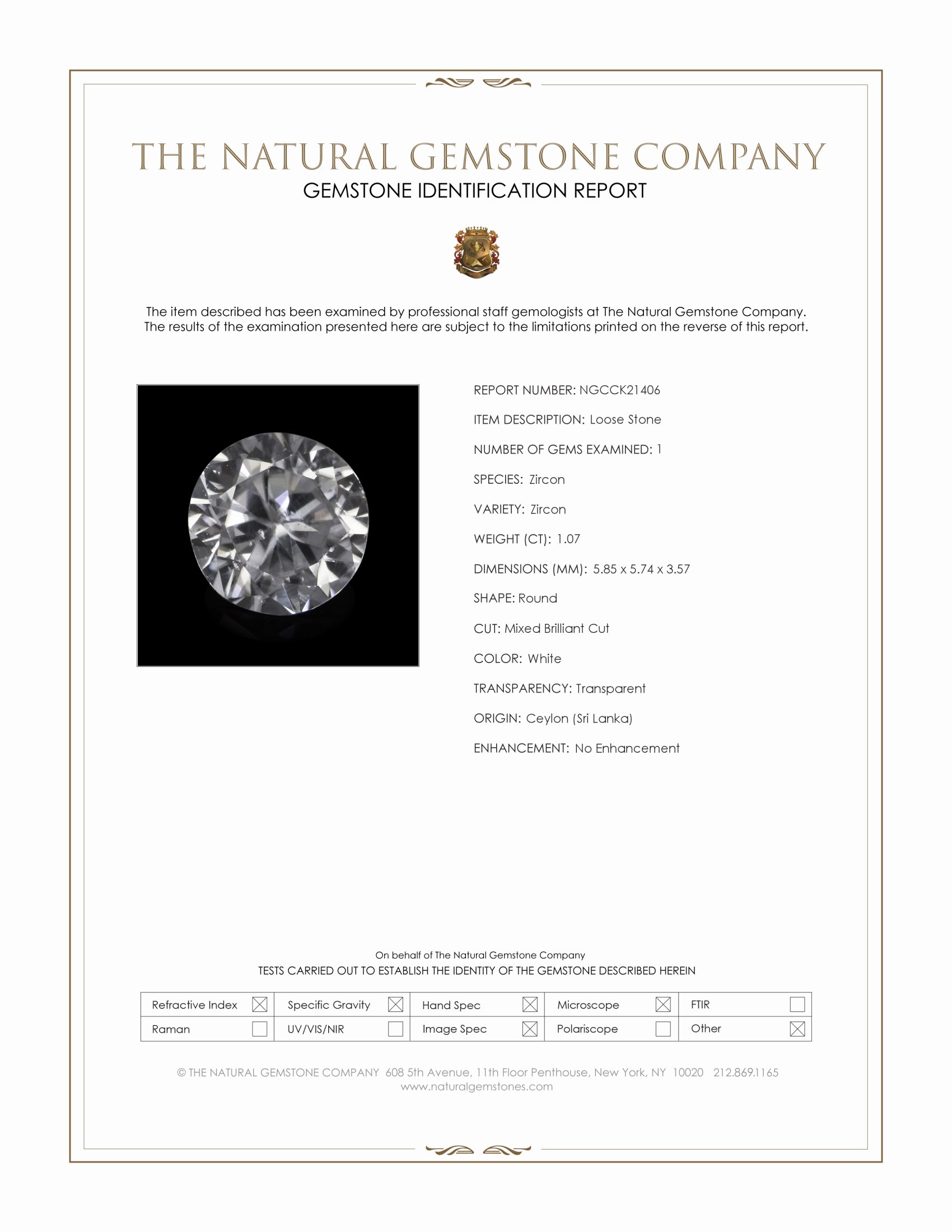1.07 Ct. White Zircon from Ceylon (Sri Lanka)