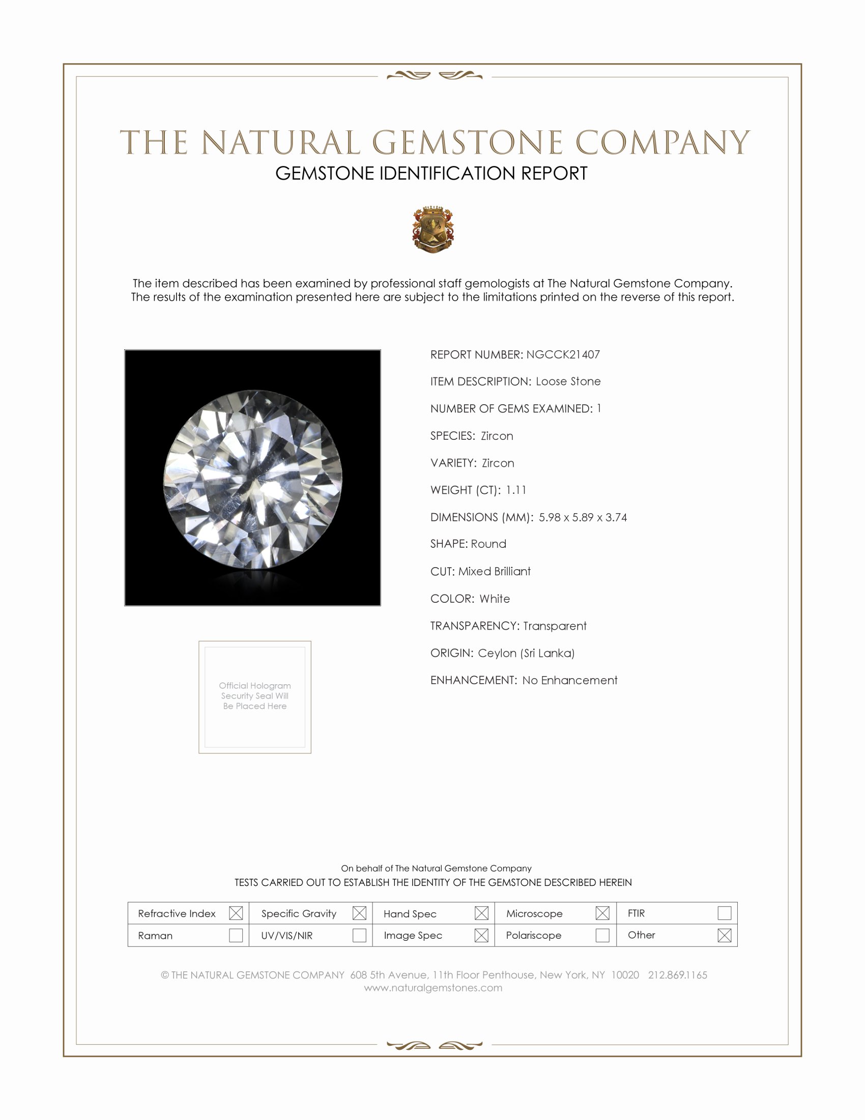 1.11 Ct. Zircon from Ceylon (Sri Lanka)