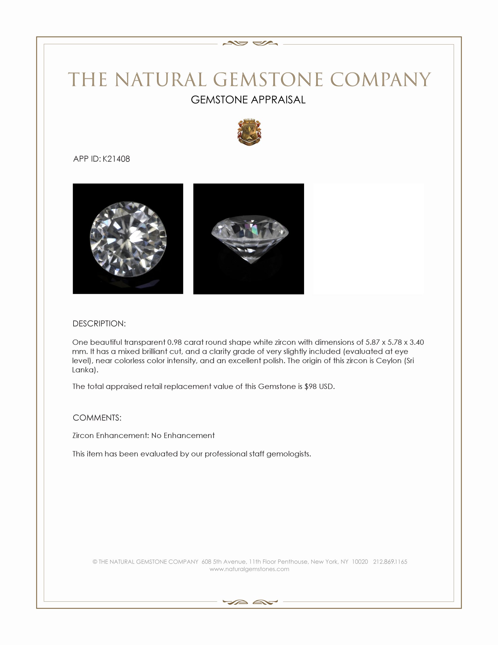 0.98 Ct. White Zircon from Ceylon (Sri Lanka)