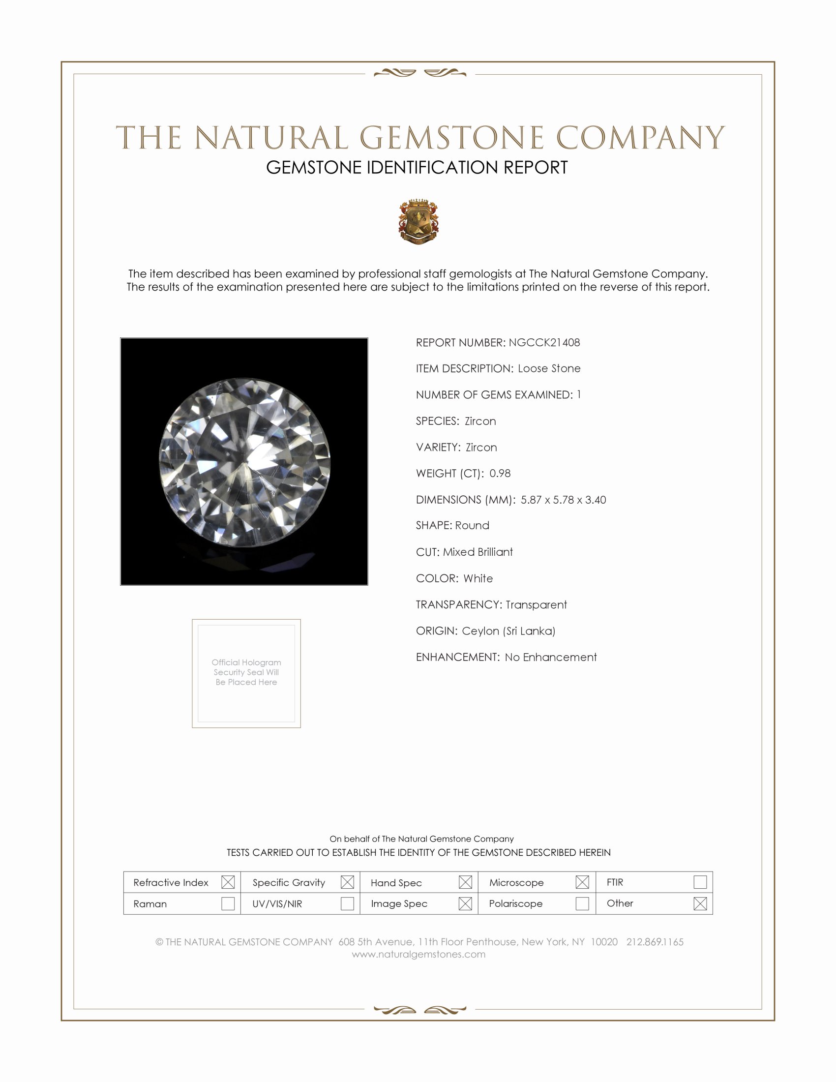 0.98 Ct. White Zircon from Ceylon (Sri Lanka)
