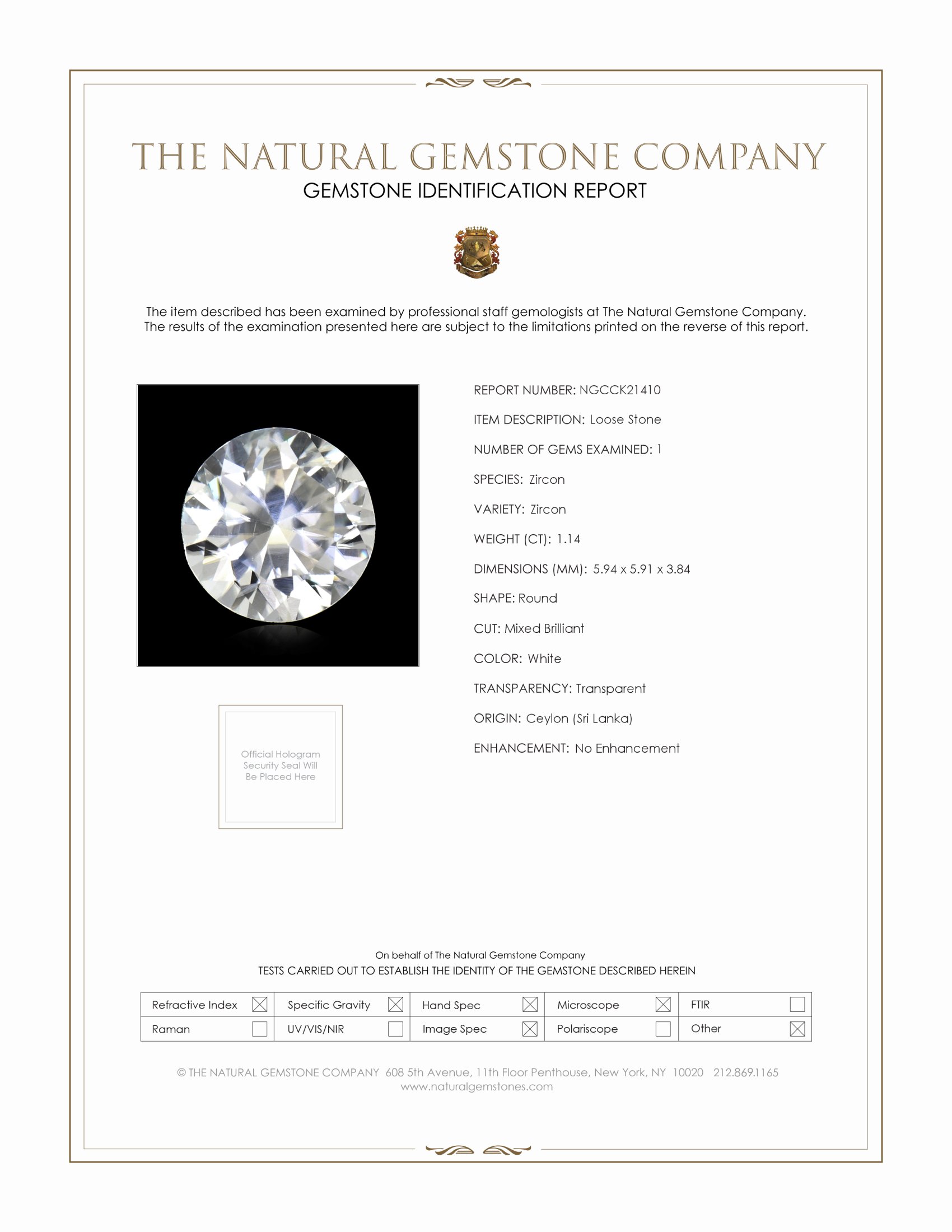 1.14 Ct. White Zircon from Ceylon (Sri Lanka)