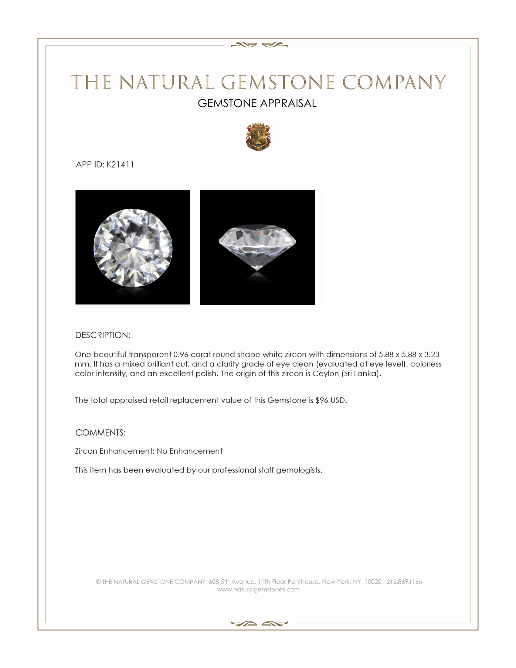 0.96 Ct. White Zircon from Ceylon (Sri Lanka)