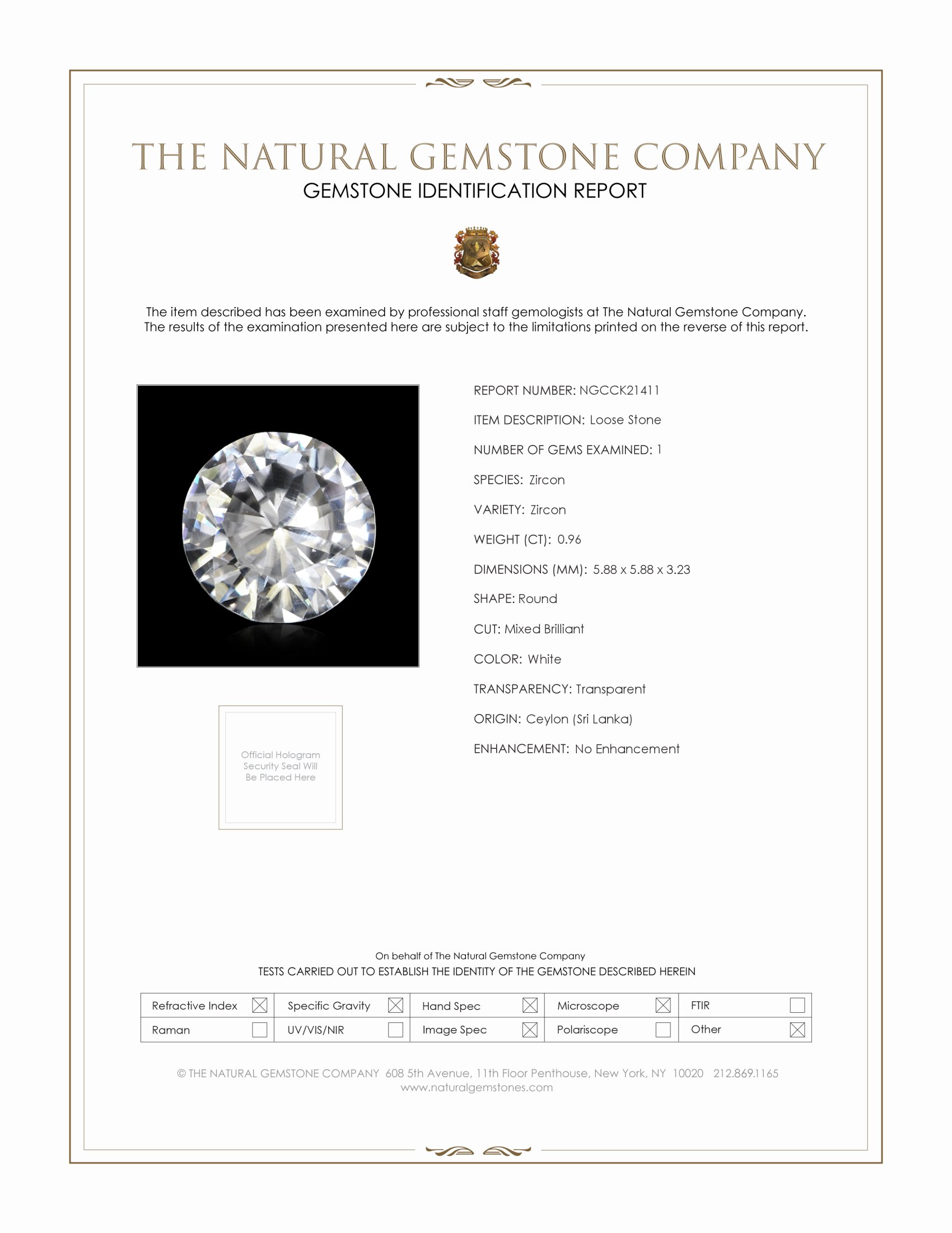 0.96 Ct. White Zircon from Ceylon (Sri Lanka)
